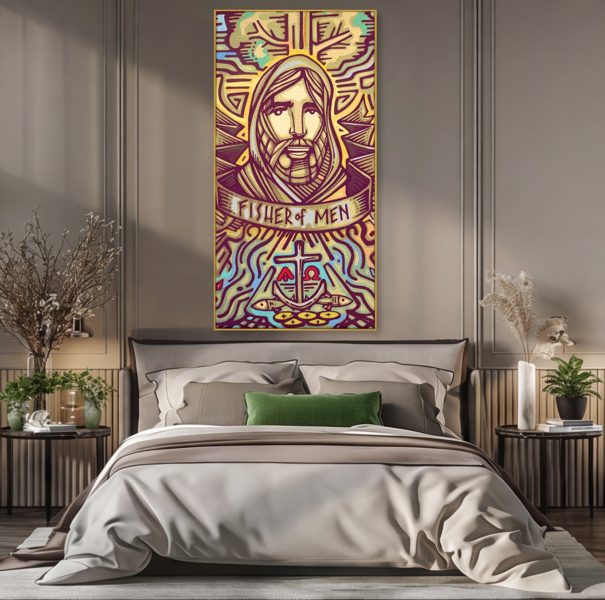 Tablou canvas cu tablou canvas cu portretul lui iisus, in rama de aluminiu auriu, pe perete intr-un dormitor