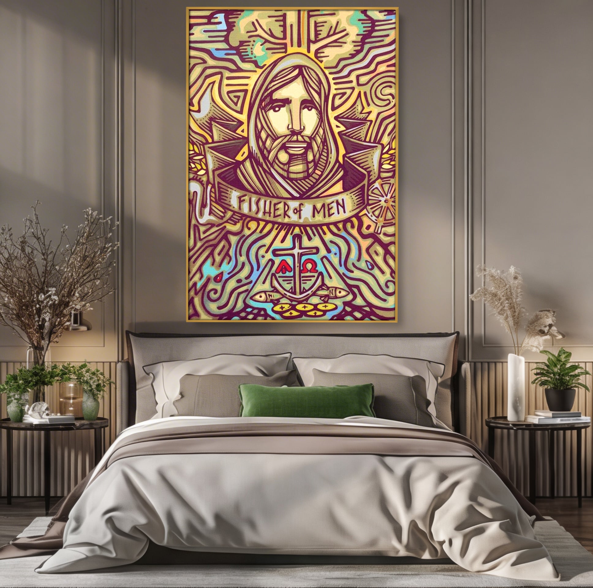 Tablou canvas cu tablou canvas cu portretul lui iisus, in rama de aluminiu auriu, pe perete intr-un dormitor