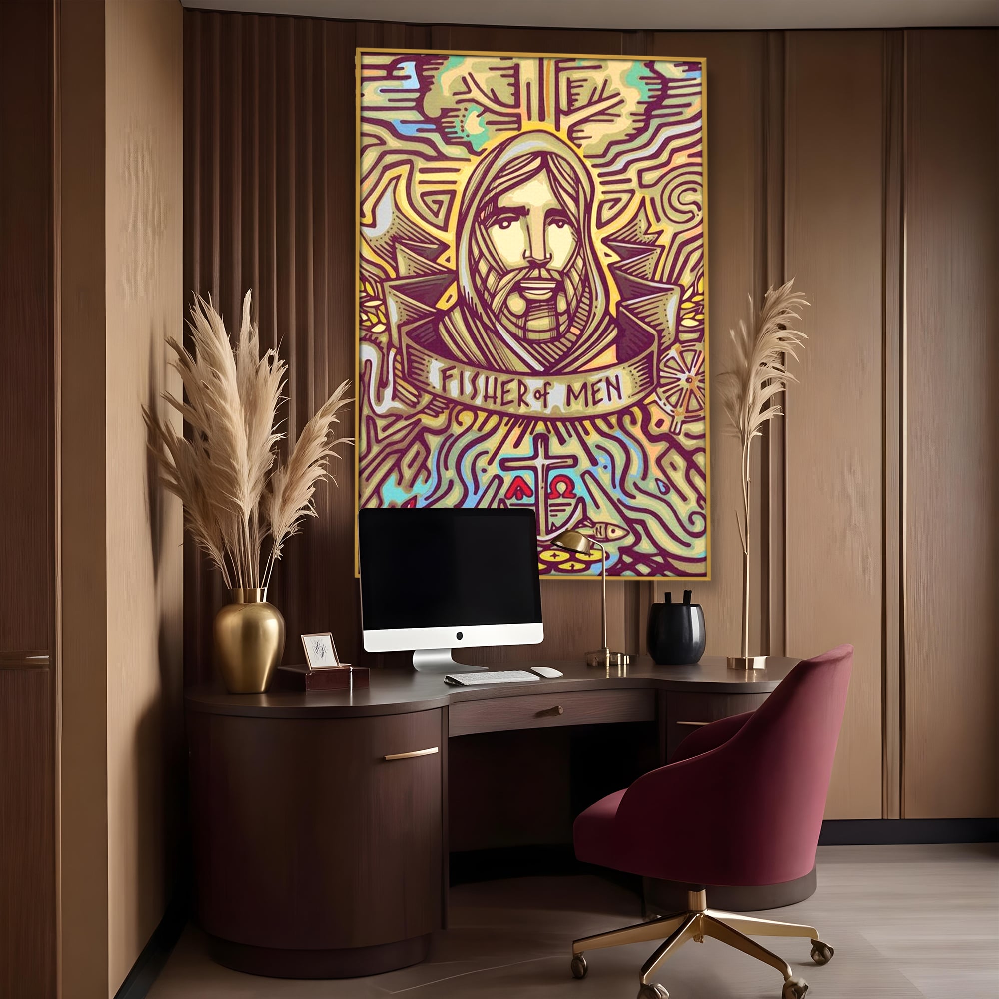 Tablou canvas cu tablou canvas cu portretul lui iisus, in rama de aluminiu auriu, pe perete intr-un birou