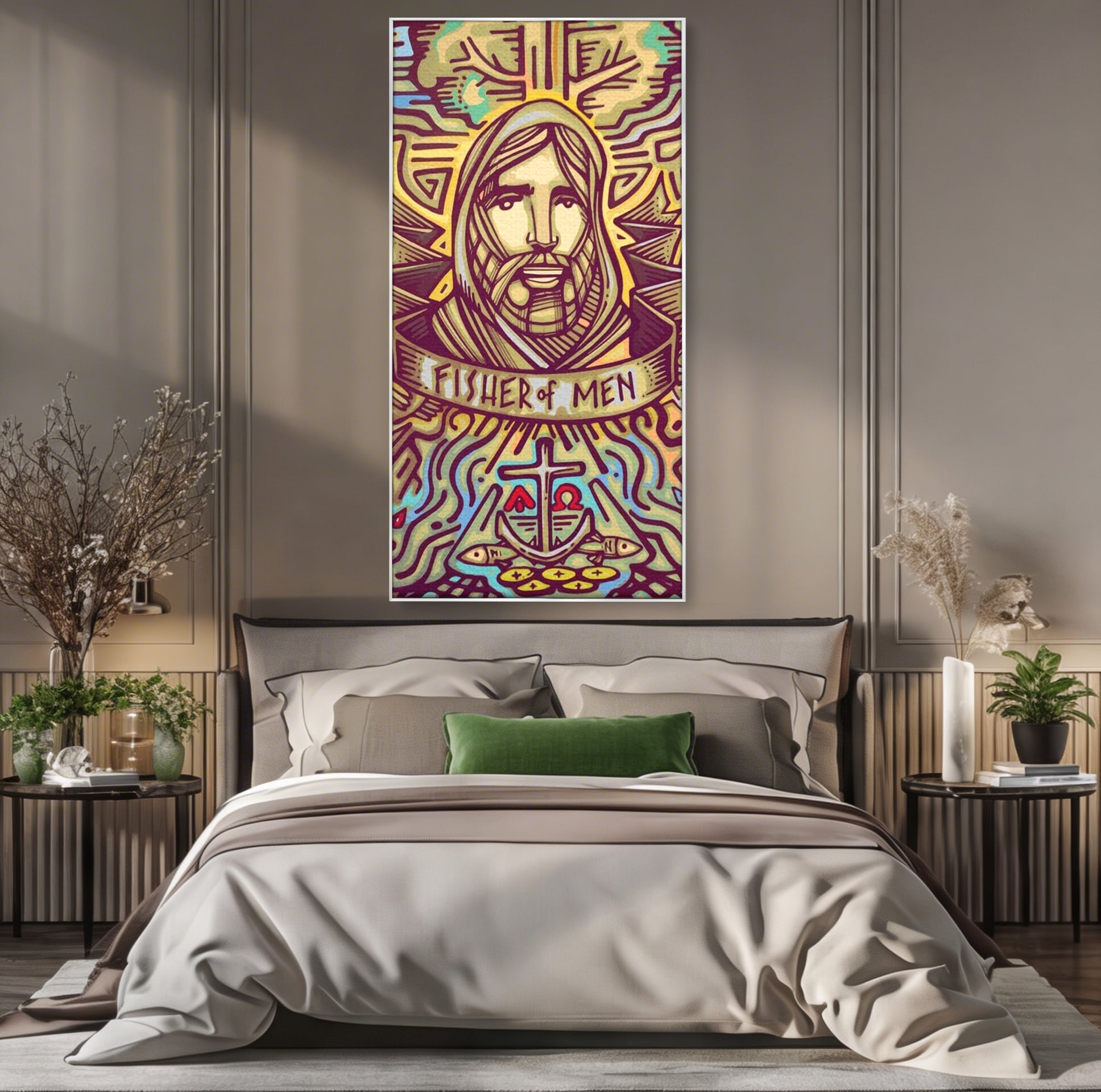 Tablou canvas cu tablou canvas cu portretul lui iisus, in rama de aluminiu argintiu, pe perete intr-un dormitor