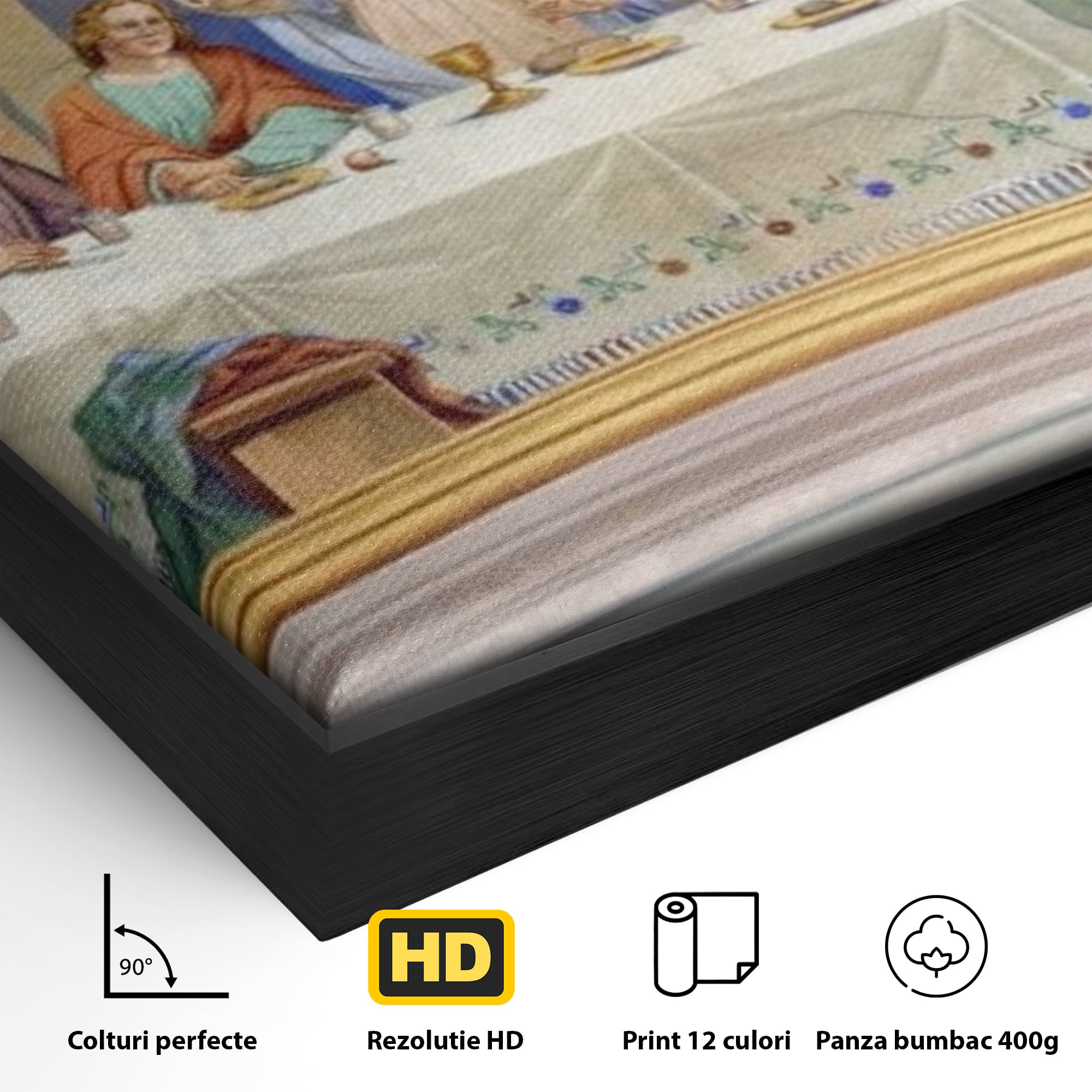 Detaliu al suprafetei: pictura cina cea de taina, in rama de aluminiu negru