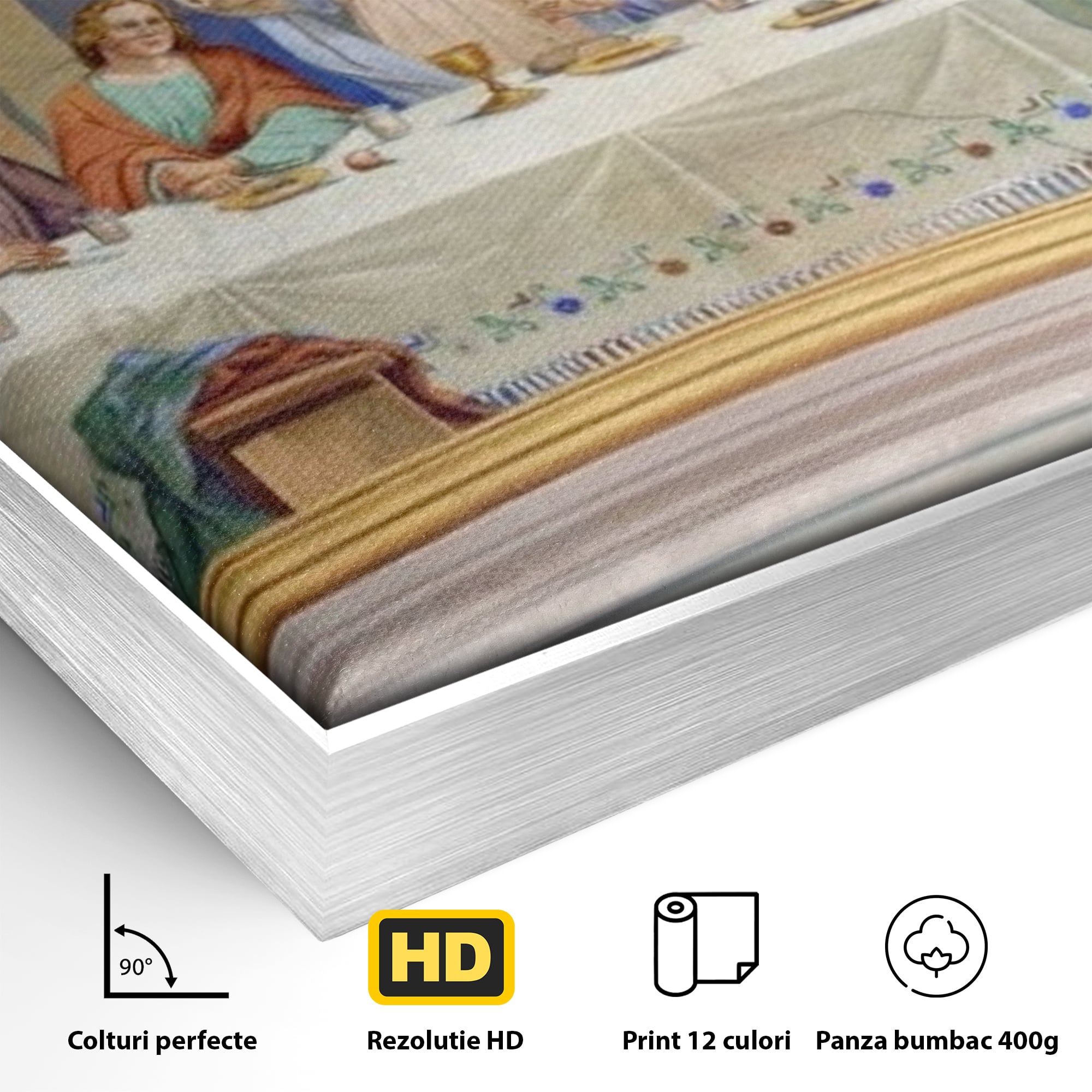Detaliu al suprafetei: pictura cina cea de taina, in rama de aluminiu argintiu