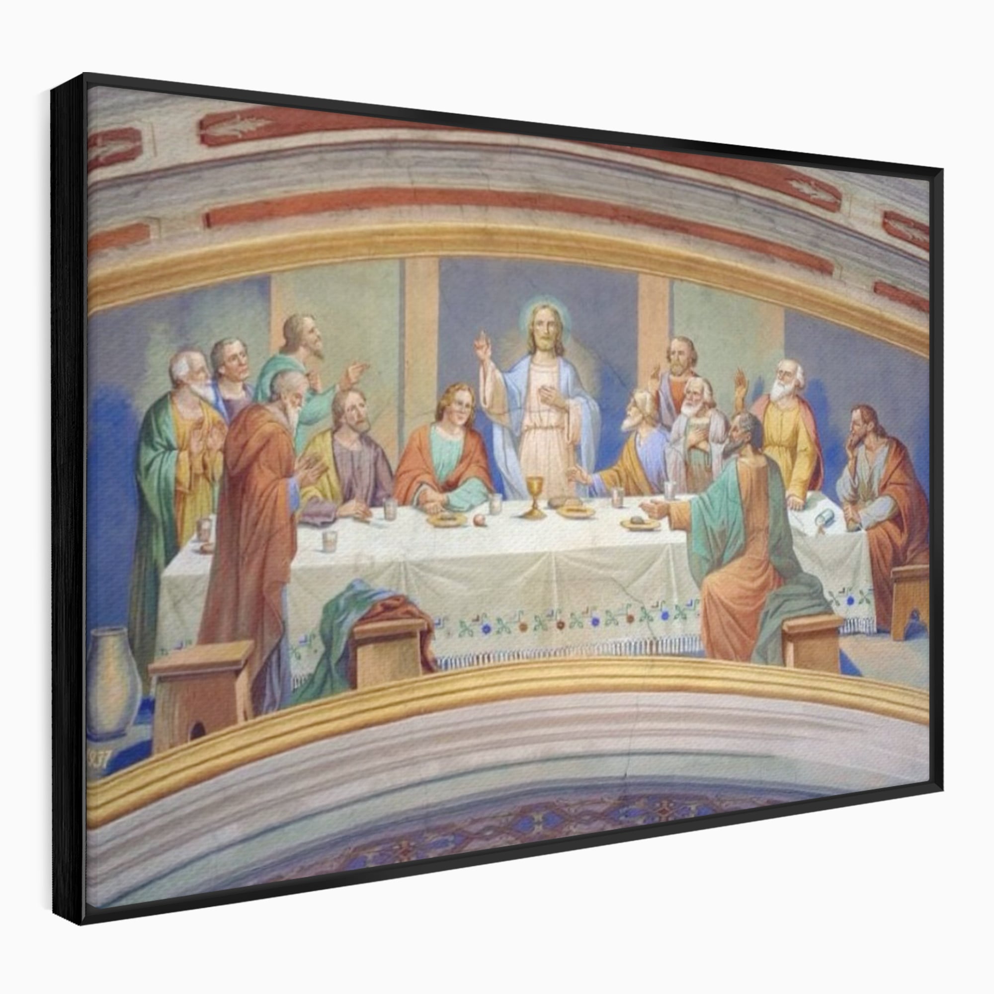 Tablou canvas cu pictura cina cea de taina, in rama de aluminiu negru