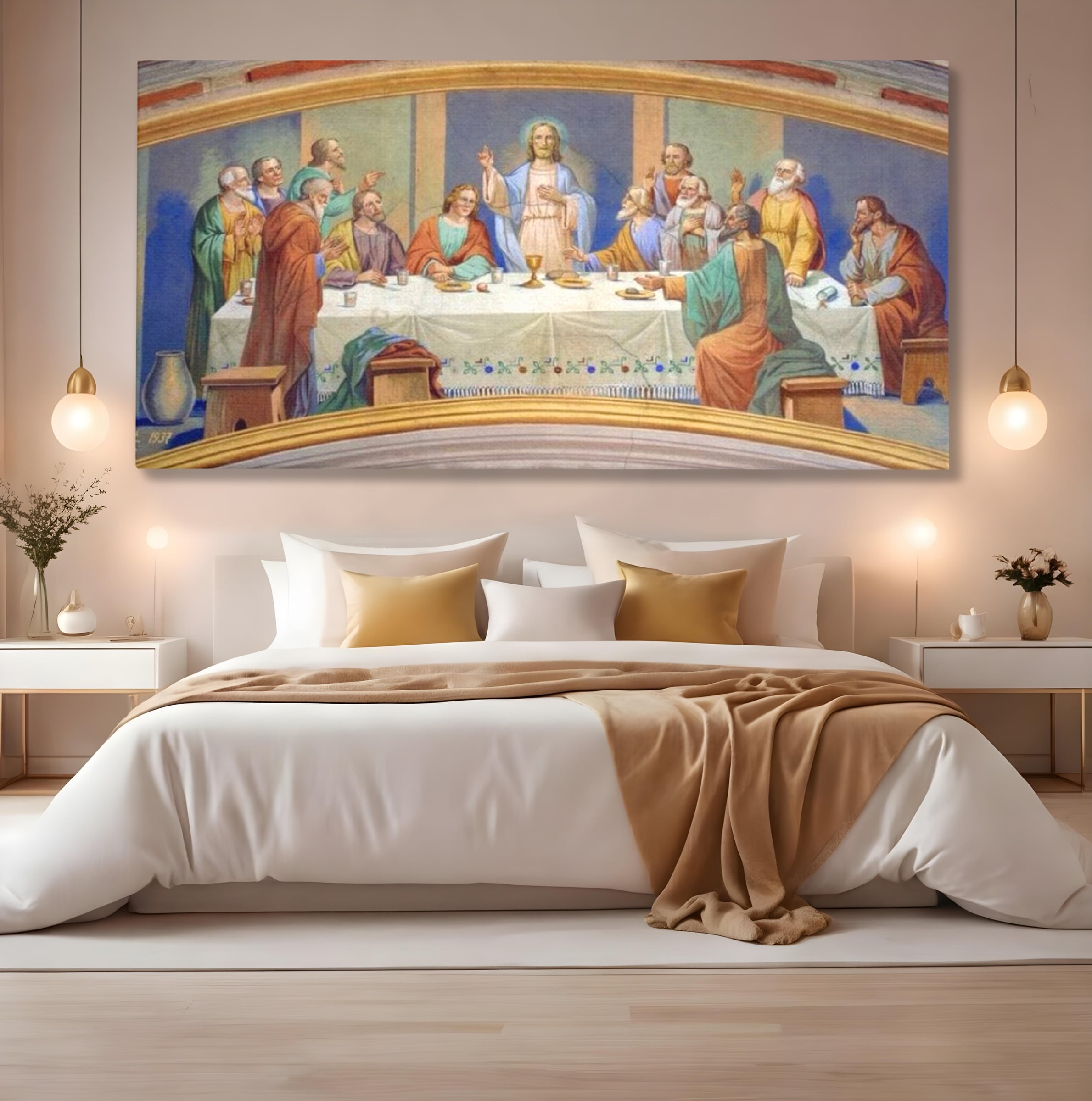 Tablou canvas cu pictura cina cea de taina, fara rama, pe sasiu de lemn, pe perete intr-un dormitor