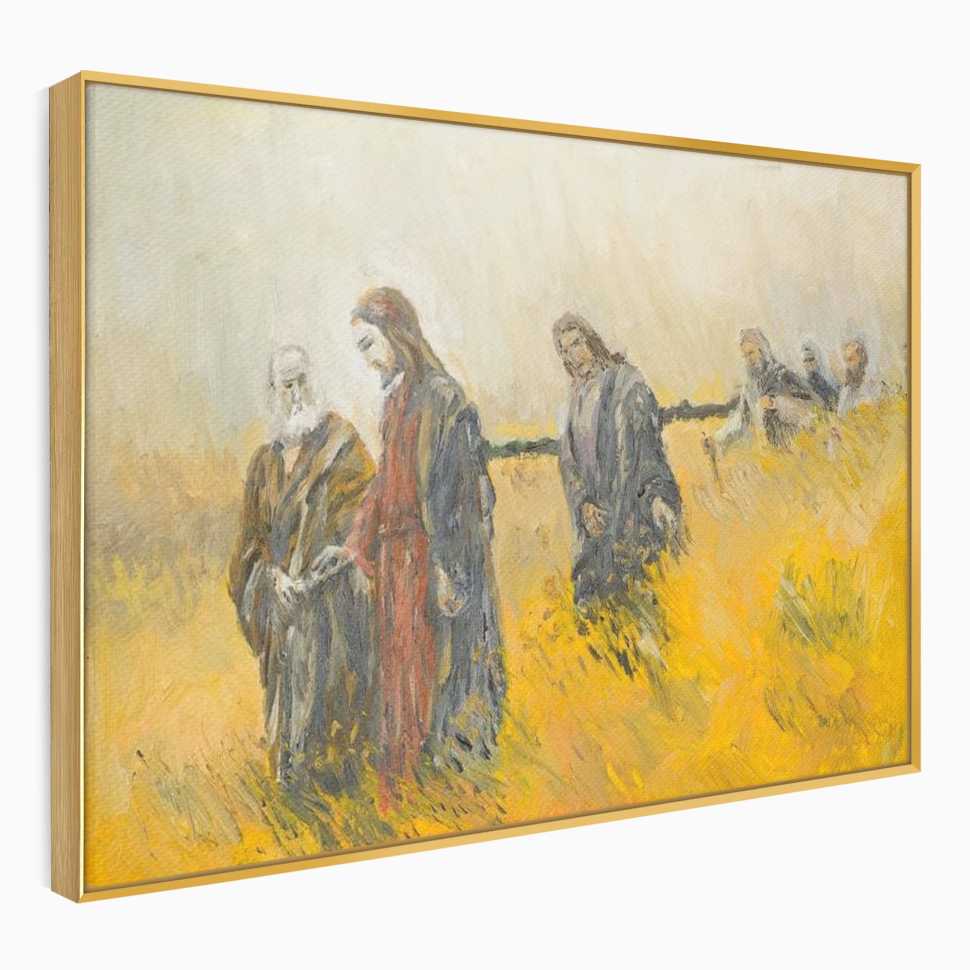Tablou canvas cu tablou canvas cu isus si apostolii pe drum, in rama de aluminiu auriu