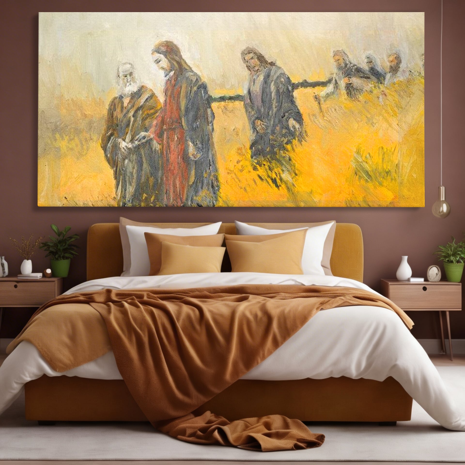 Tablou canvas cu tablou canvas cu isus si apostolii pe drum, fara rama, pe sasiu de lemn, pe perete intr-un dormitor