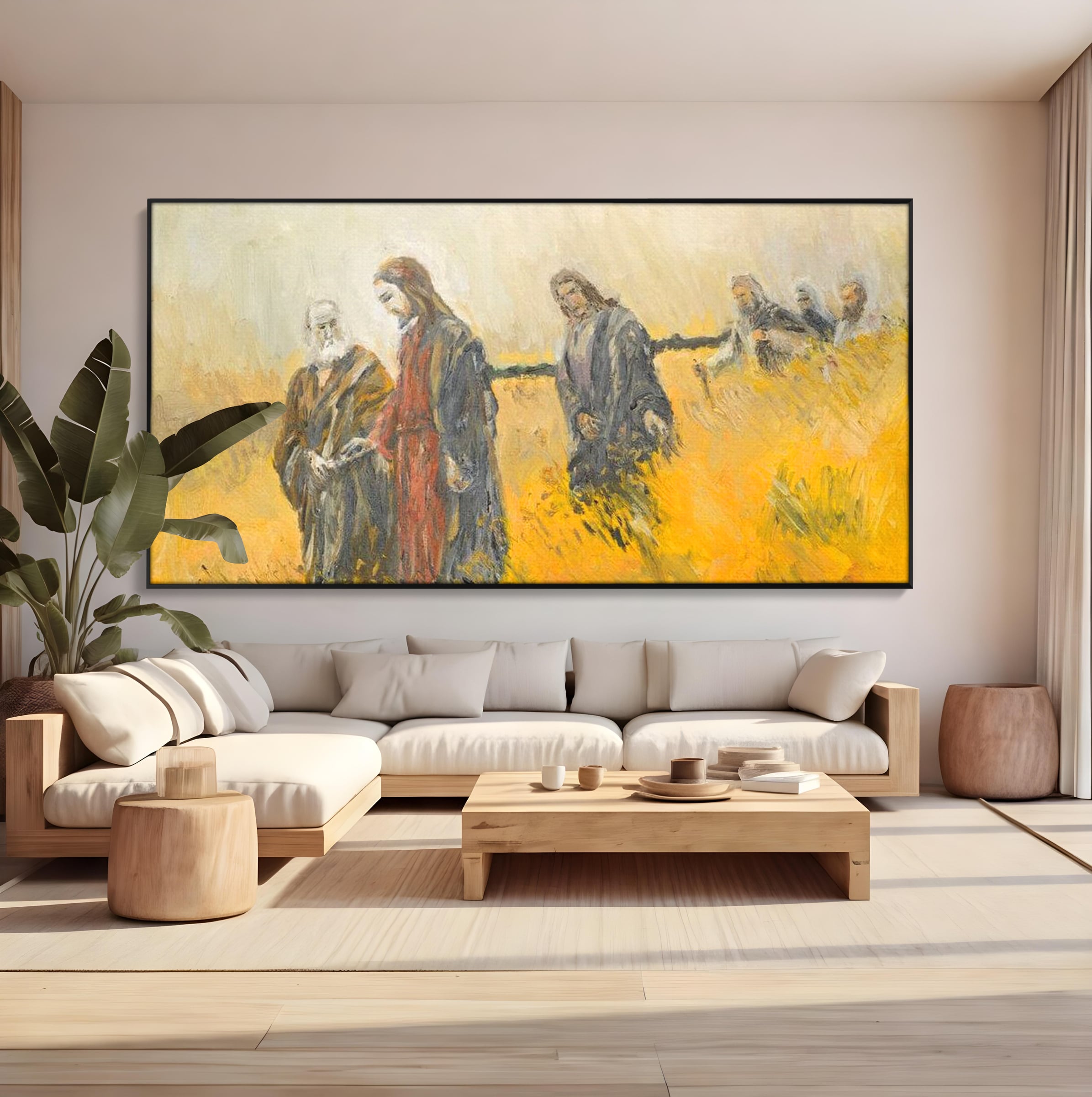 Tablou canvas cu tablou canvas cu isus si apostolii pe drum, in rama de aluminiu negru, pe perete intr-un living