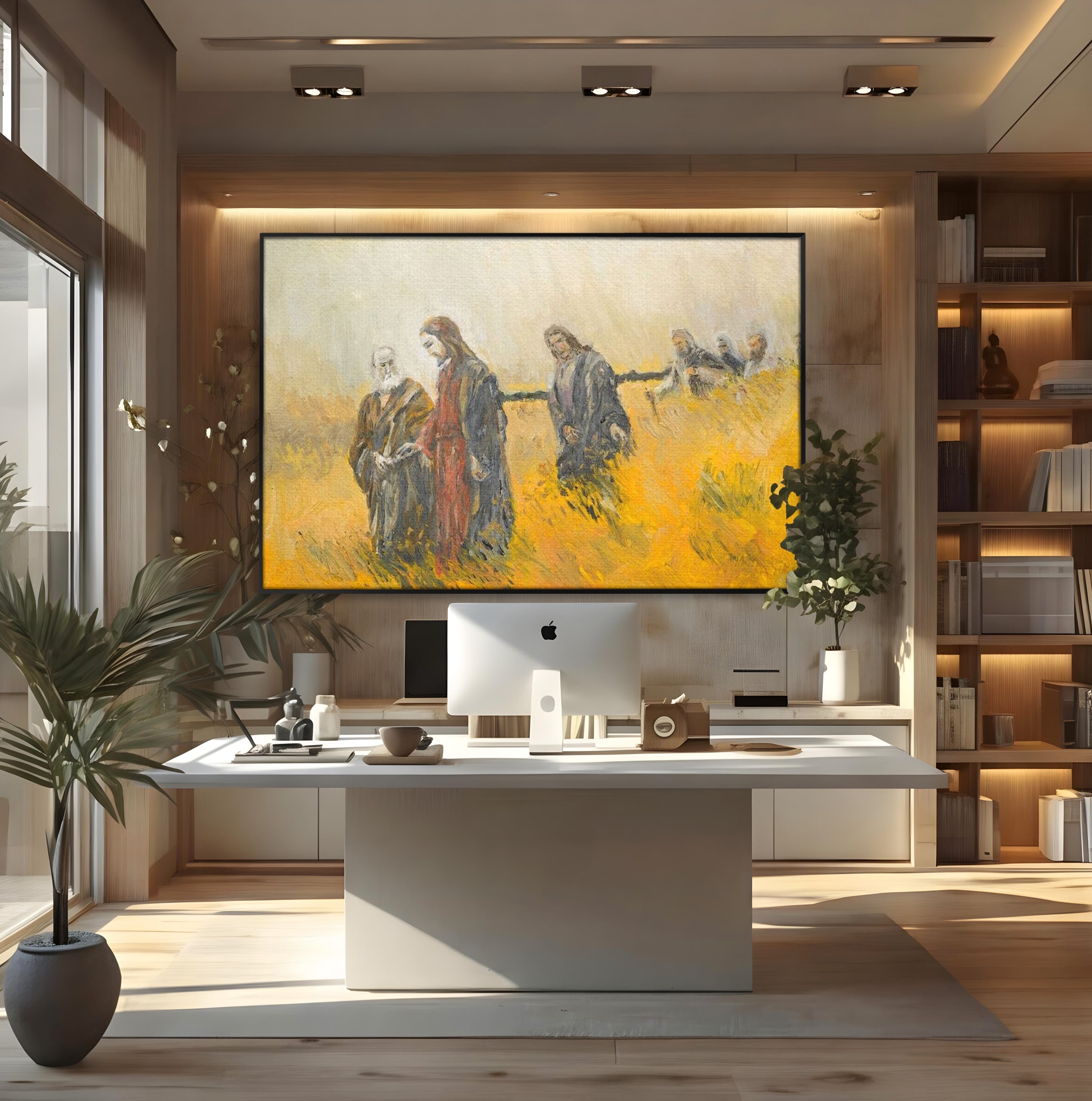Tablou canvas cu tablou canvas cu isus si apostolii pe drum, in rama de aluminiu negru, pe perete intr-un birou
