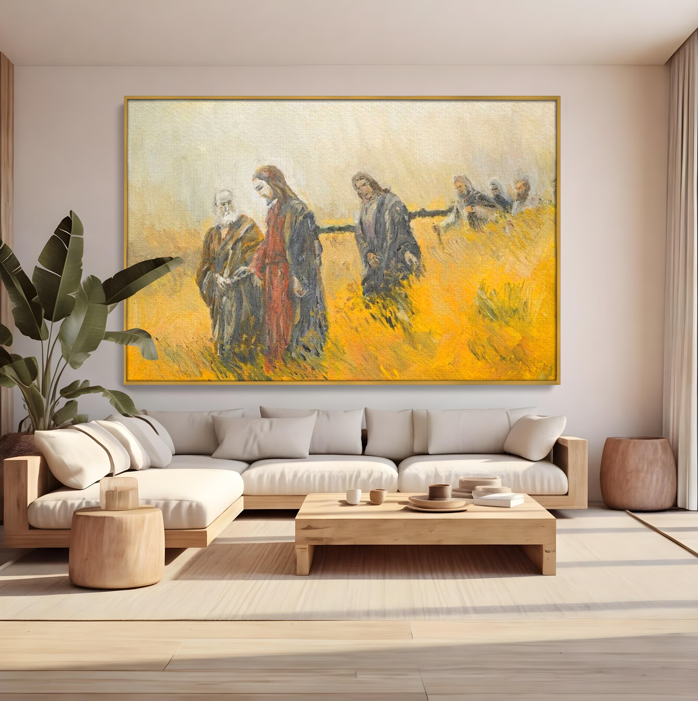 Tablou canvas cu tablou canvas cu isus si apostolii pe drum, in rama de aluminiu auriu, pe perete intr-un living