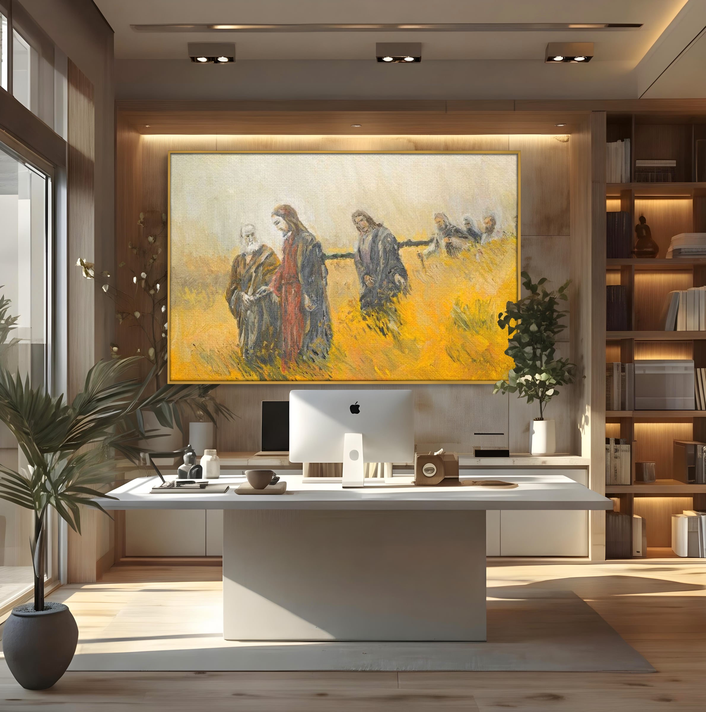 Tablou canvas cu tablou canvas cu isus si apostolii pe drum, in rama de aluminiu auriu, pe perete intr-un birou