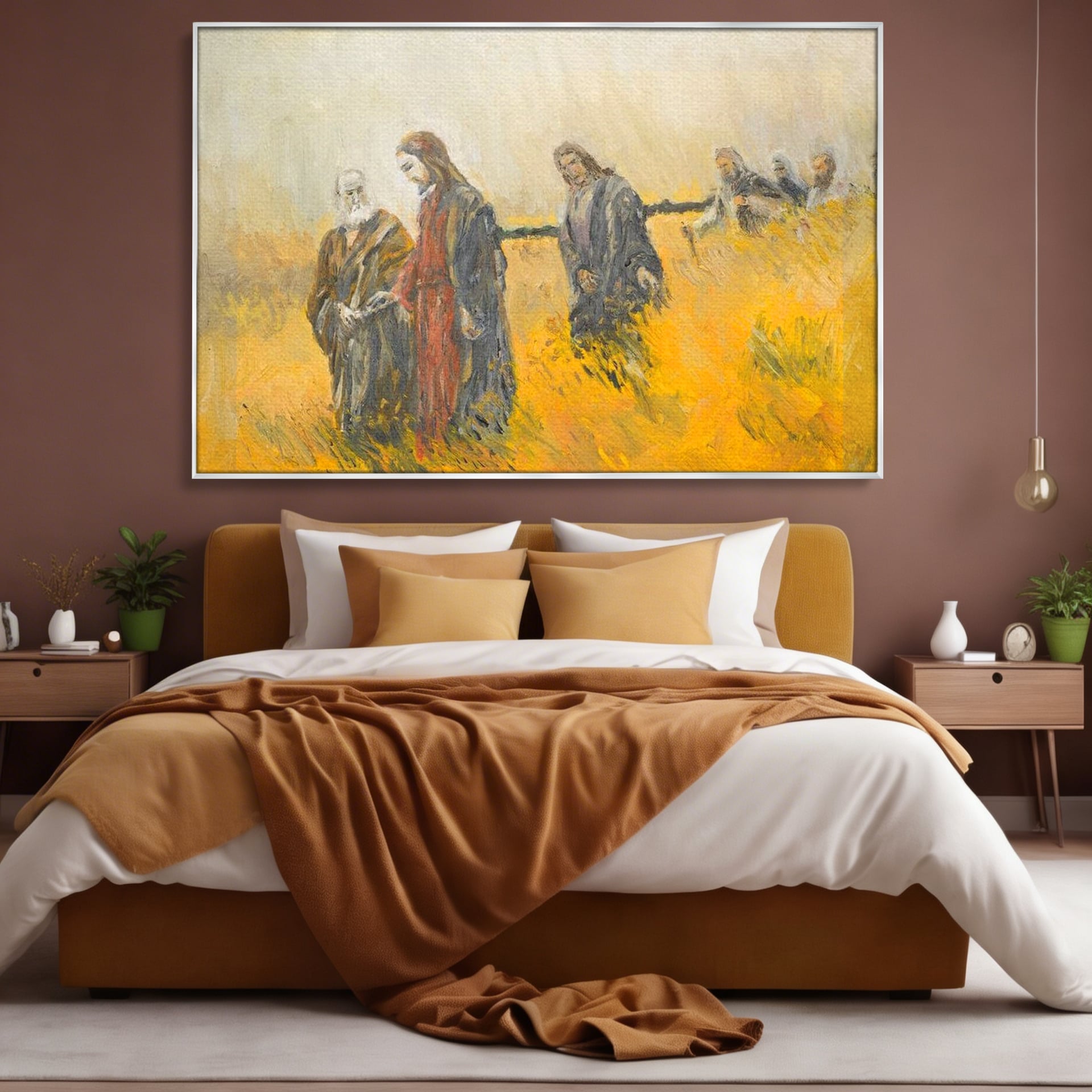 Tablou canvas cu tablou canvas cu isus si apostolii pe drum, in rama de aluminiu argintiu, pe perete intr-un dormitor