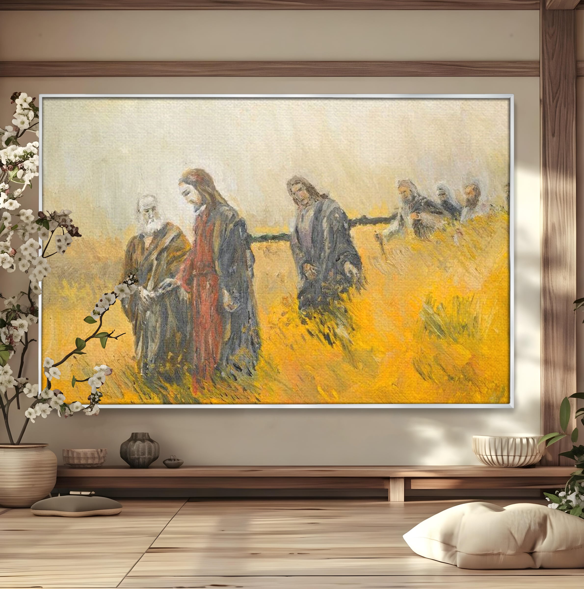 Tablou canvas cu tablou canvas cu isus si apostolii pe drum, in rama de aluminiu argintiu
