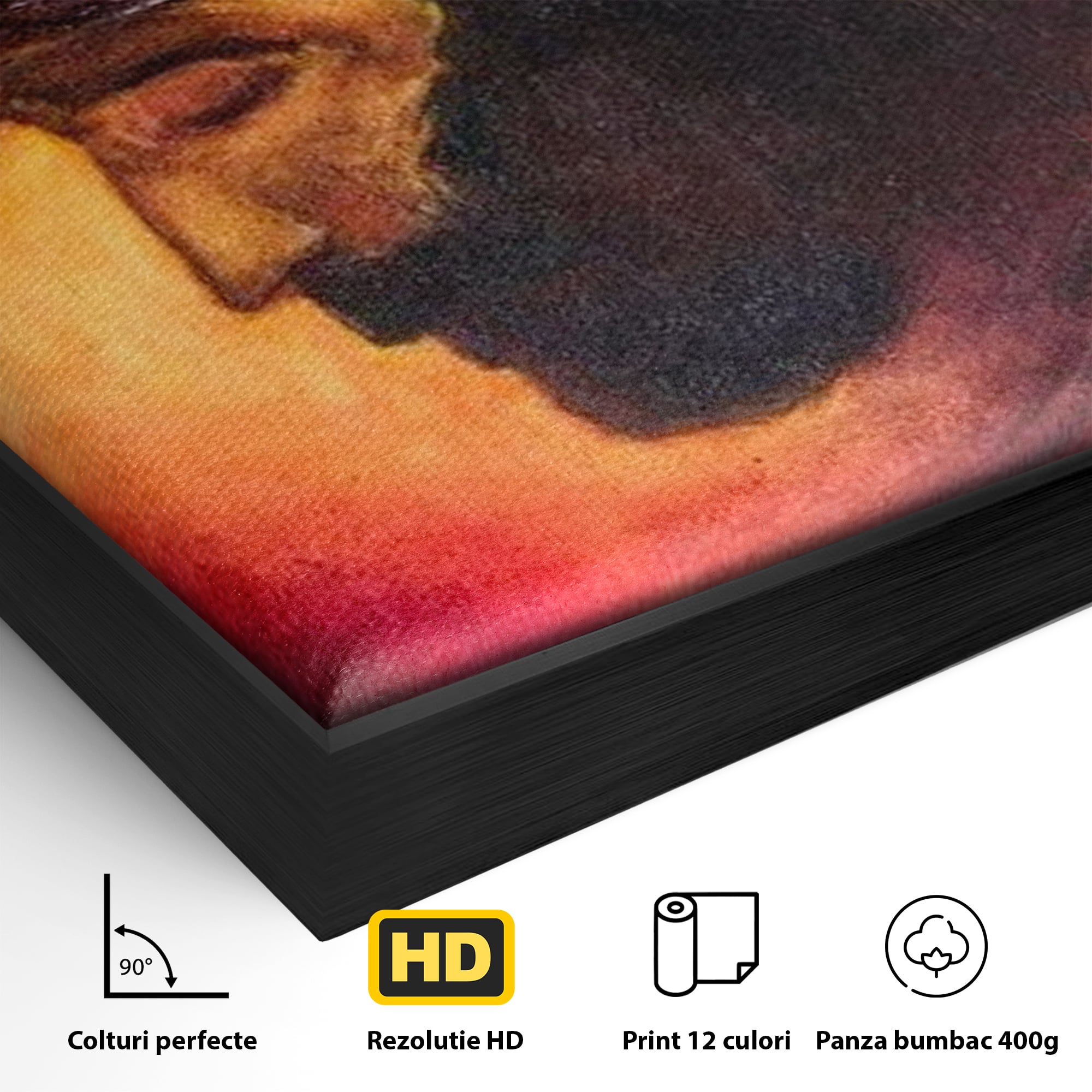 Detaliu al suprafetei: tablou canvas cu isus purtand coroana, in rama de aluminiu negru