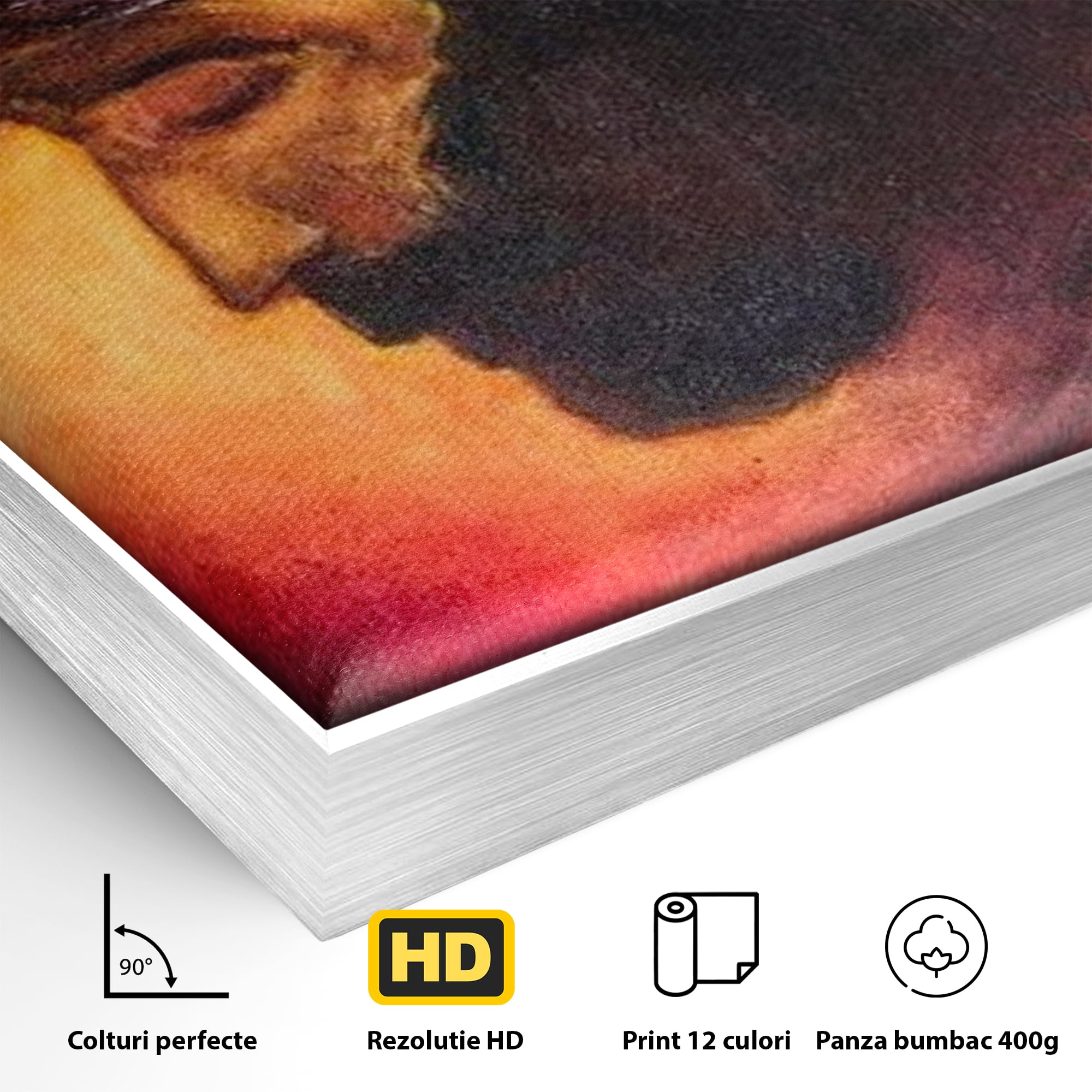 Detaliu al suprafetei: tablou canvas cu isus purtand coroana, in rama de aluminiu argintiu