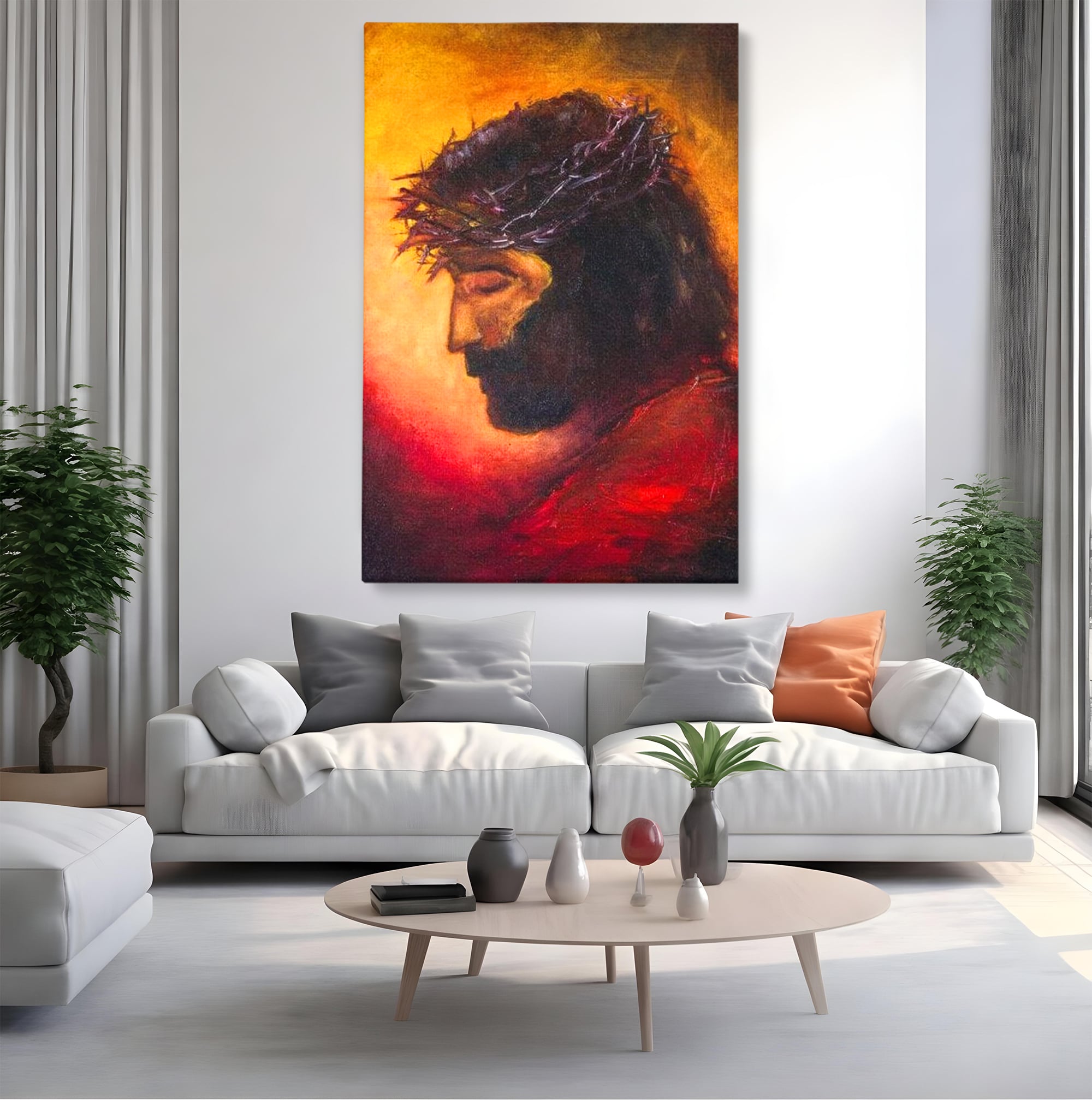 Tablou canvas cu tablou canvas cu isus purtand coroana, fara rama, pe sasiu de lemn, pe perete intr-un living