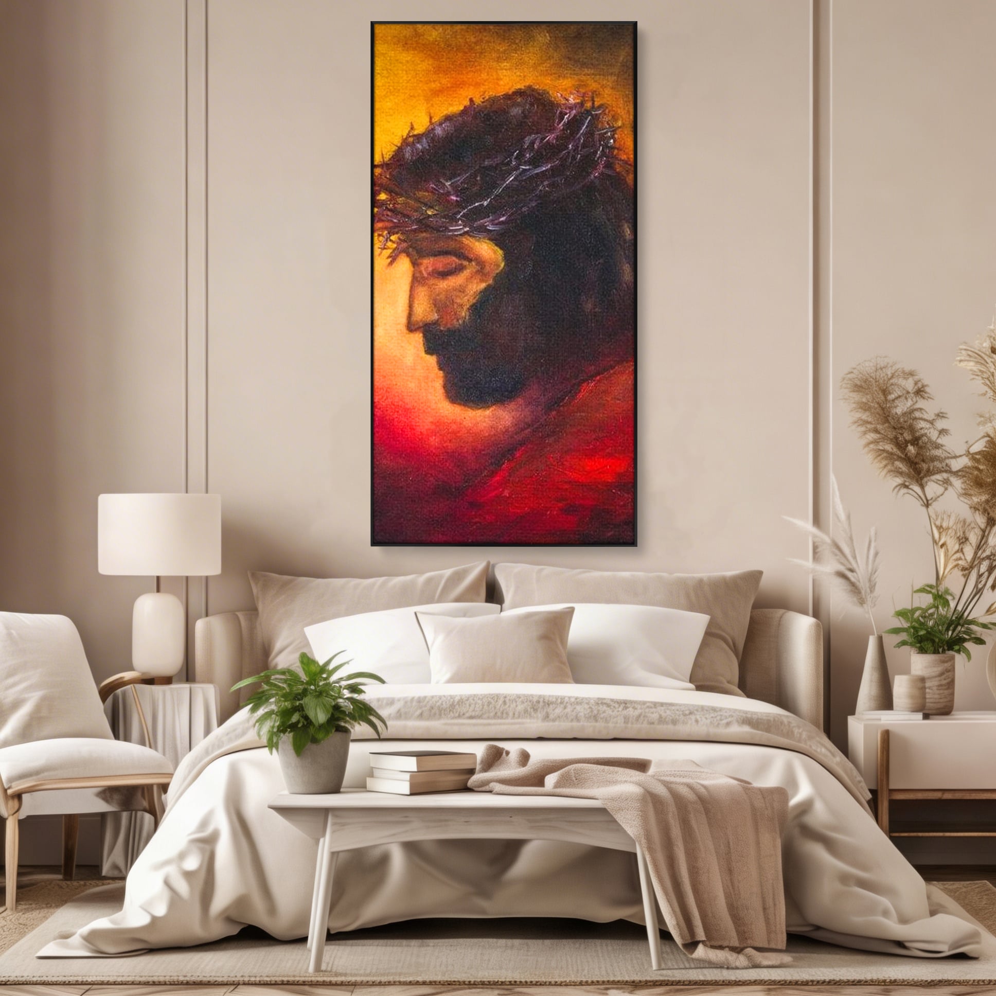 Tablou canvas cu tablou canvas cu isus purtand coroana, in rama de aluminiu negru, pe perete intr-un dormitor
