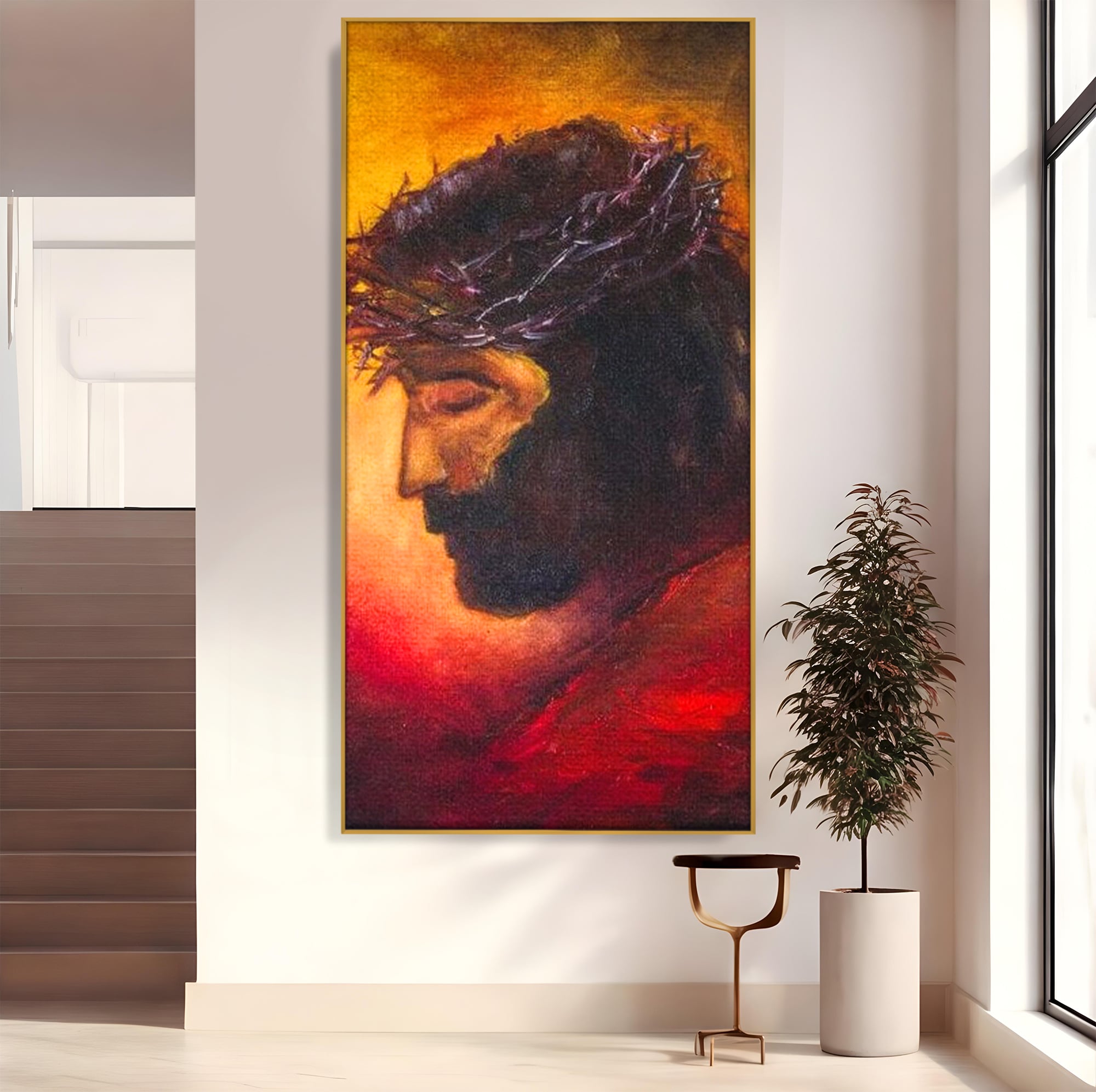 Tablou canvas cu tablou canvas cu isus purtand coroana, in rama de aluminiu auriu