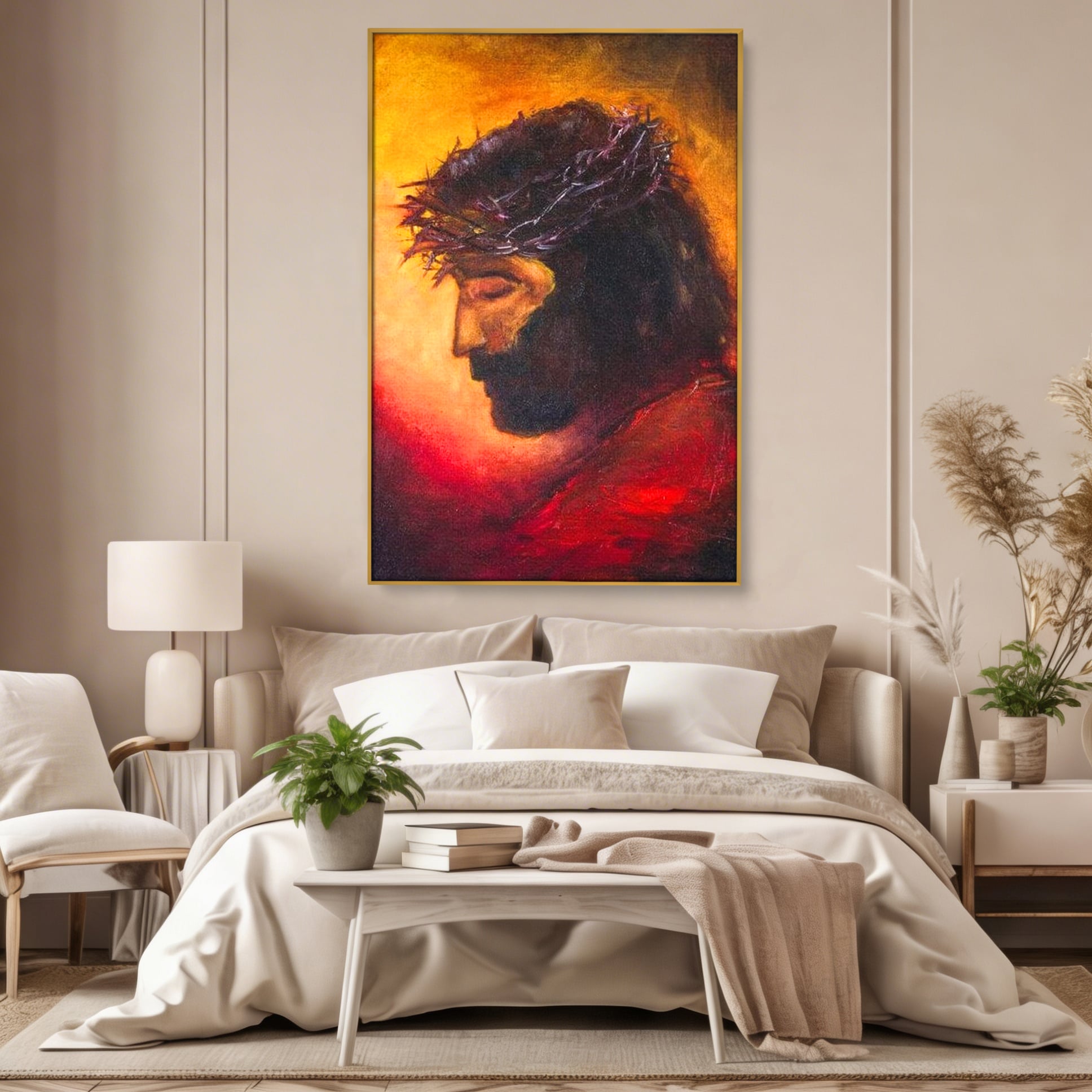 Tablou canvas cu tablou canvas cu isus purtand coroana, in rama de aluminiu auriu, pe perete intr-un dormitor