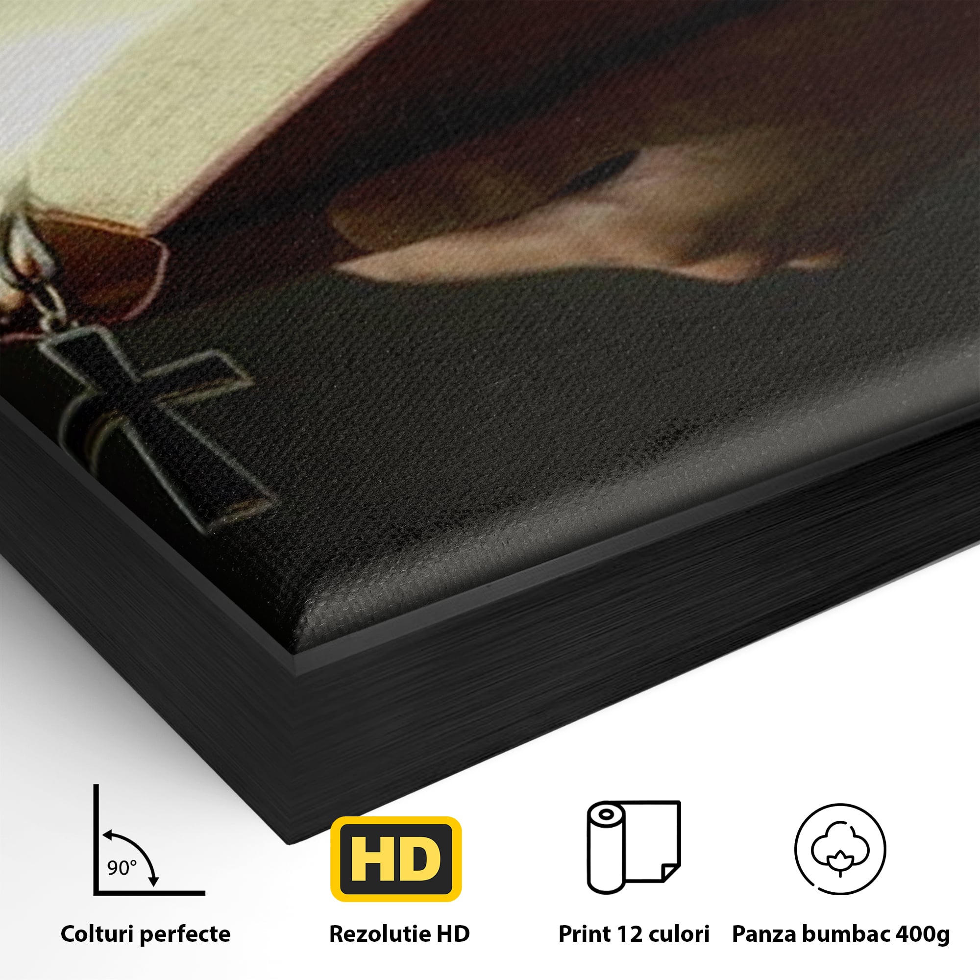 Detaliu al suprafetei: tablou canvas cu biblie deschisa si cruce, in rama de aluminiu negru