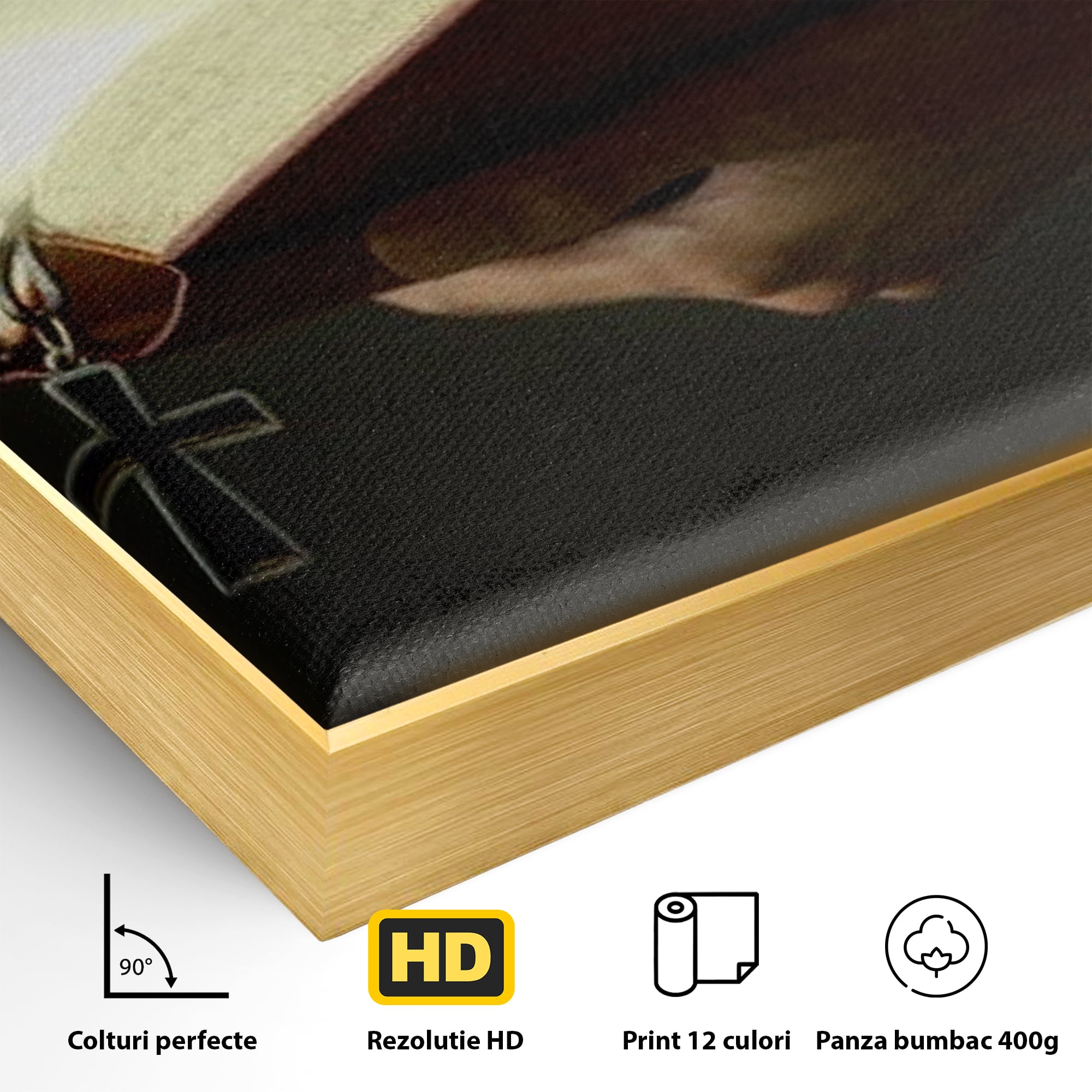 Detaliu al suprafetei: tablou canvas cu biblie deschisa si cruce, in rama de aluminiu auriu