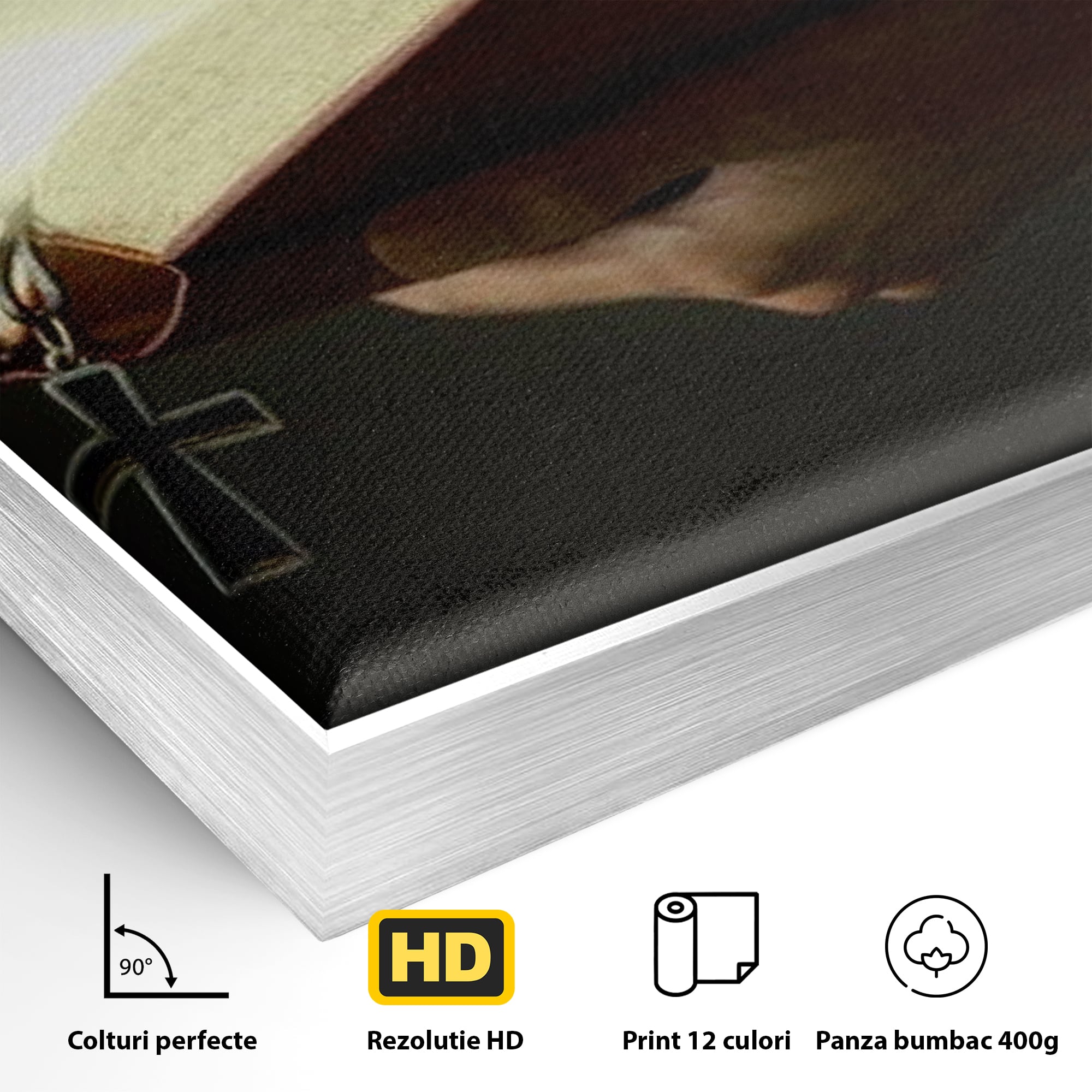 Detaliu al suprafetei: tablou canvas cu biblie deschisa si cruce, in rama de aluminiu argintiu