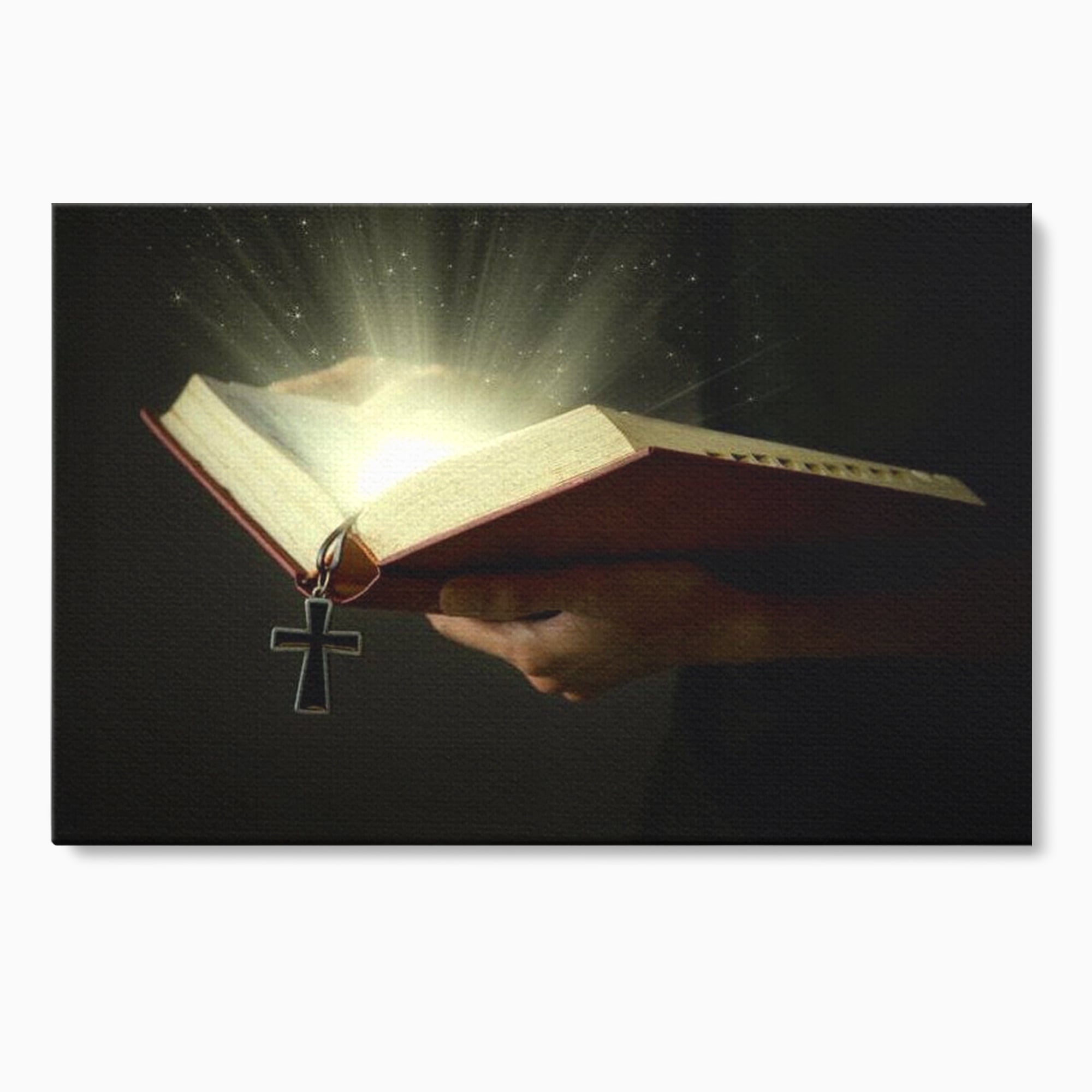 Tablou canvas cu tablou canvas cu biblie deschisa si cruce, fara rama, pe sasiu de lemn