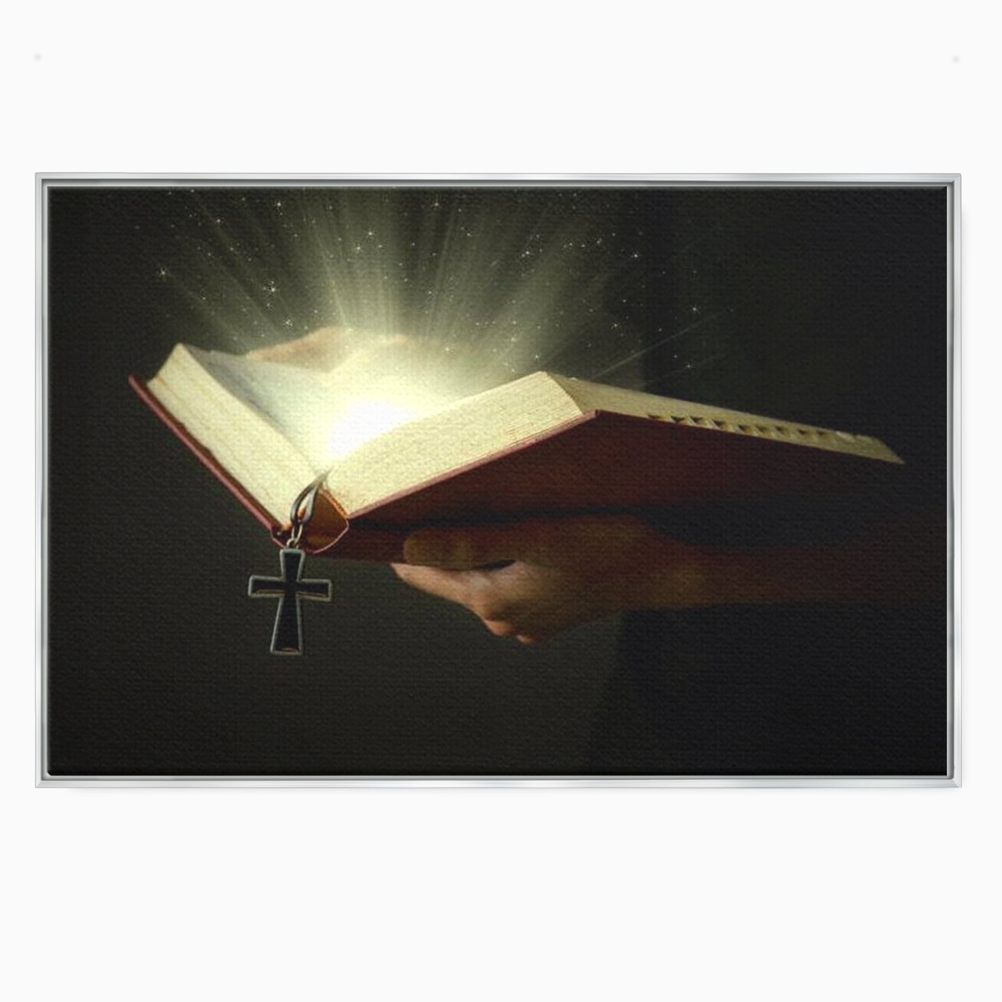 Tablou canvas cu tablou canvas cu biblie deschisa si cruce, in rama de aluminiu argintiu