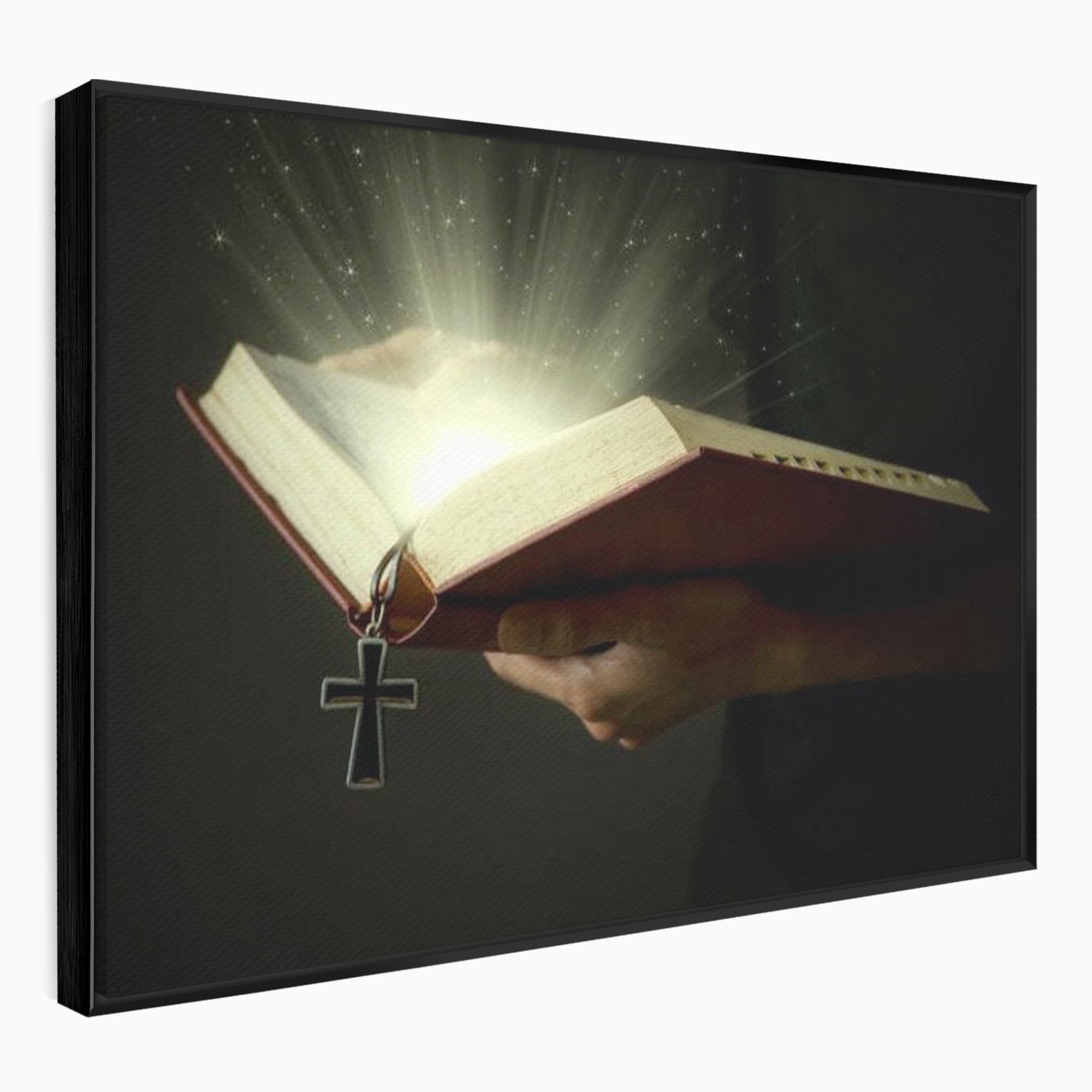 Tablou canvas cu tablou canvas cu biblie deschisa si cruce, in rama de aluminiu negru