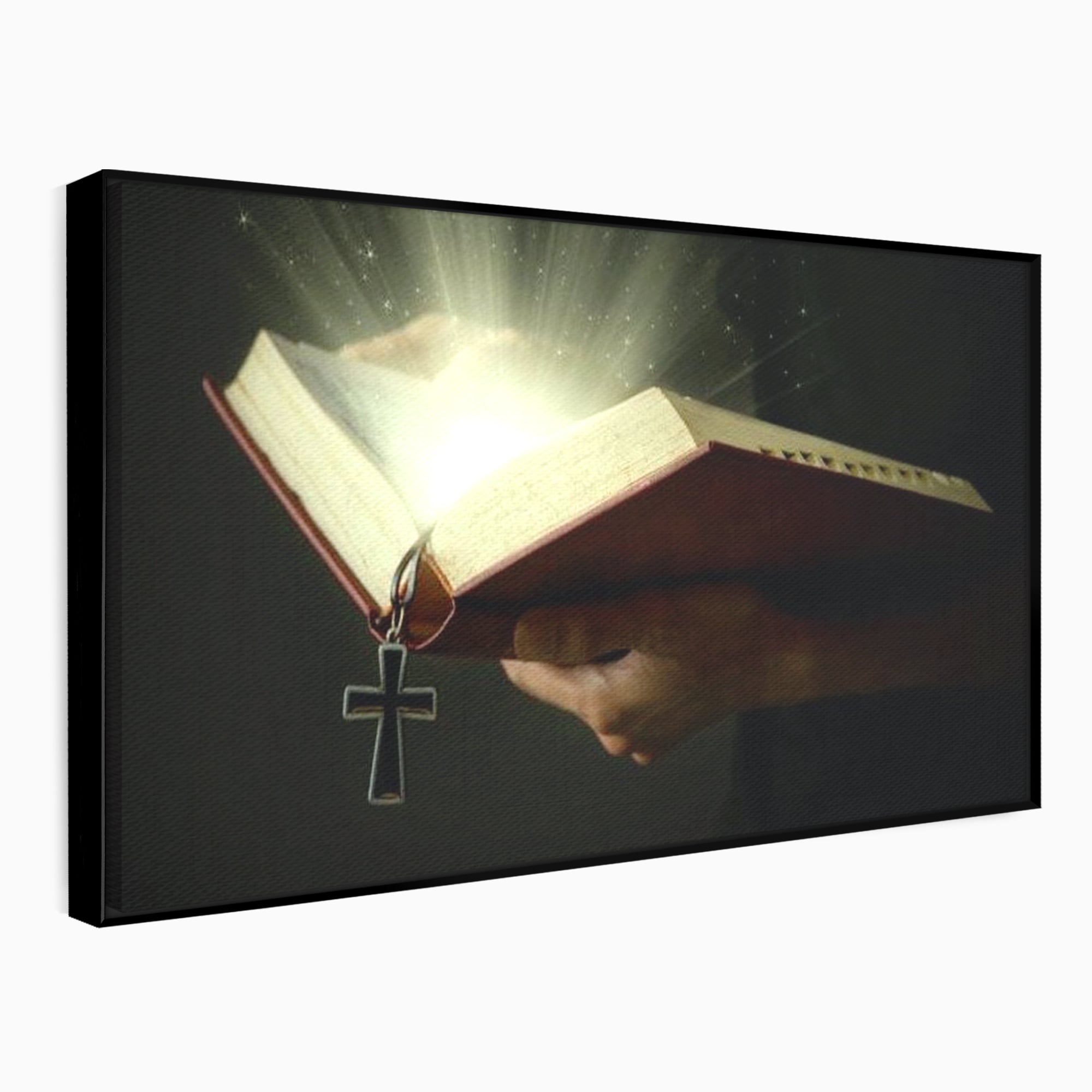 Tablou canvas cu tablou canvas cu biblie deschisa si cruce, in rama de aluminiu negru
