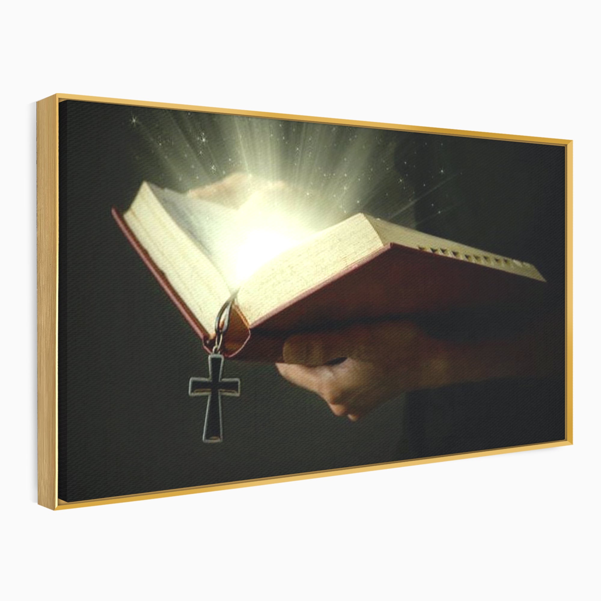 Tablou canvas cu tablou canvas cu biblie deschisa si cruce, in rama de aluminiu auriu