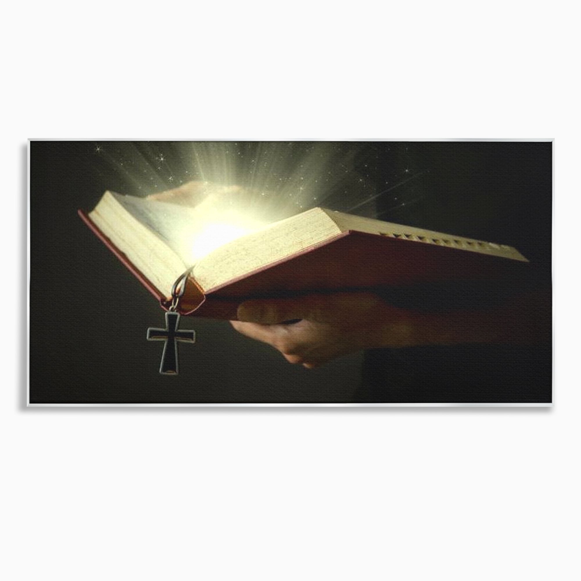 Tablou canvas cu tablou canvas cu biblie deschisa si cruce, in rama de aluminiu argintiu