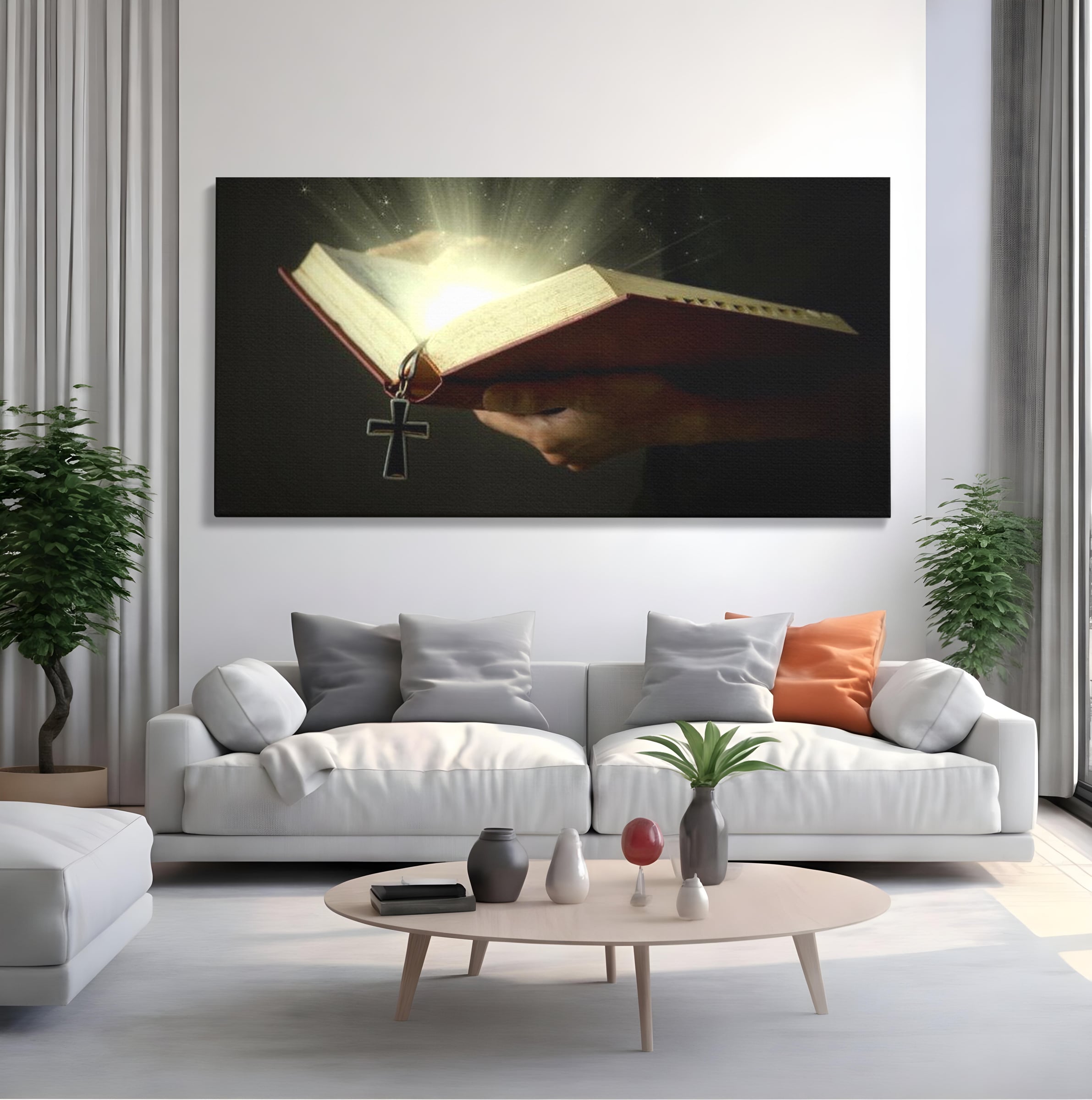 Tablou canvas cu tablou canvas cu biblie deschisa si cruce, fara rama, pe sasiu de lemn, pe perete intr-un living