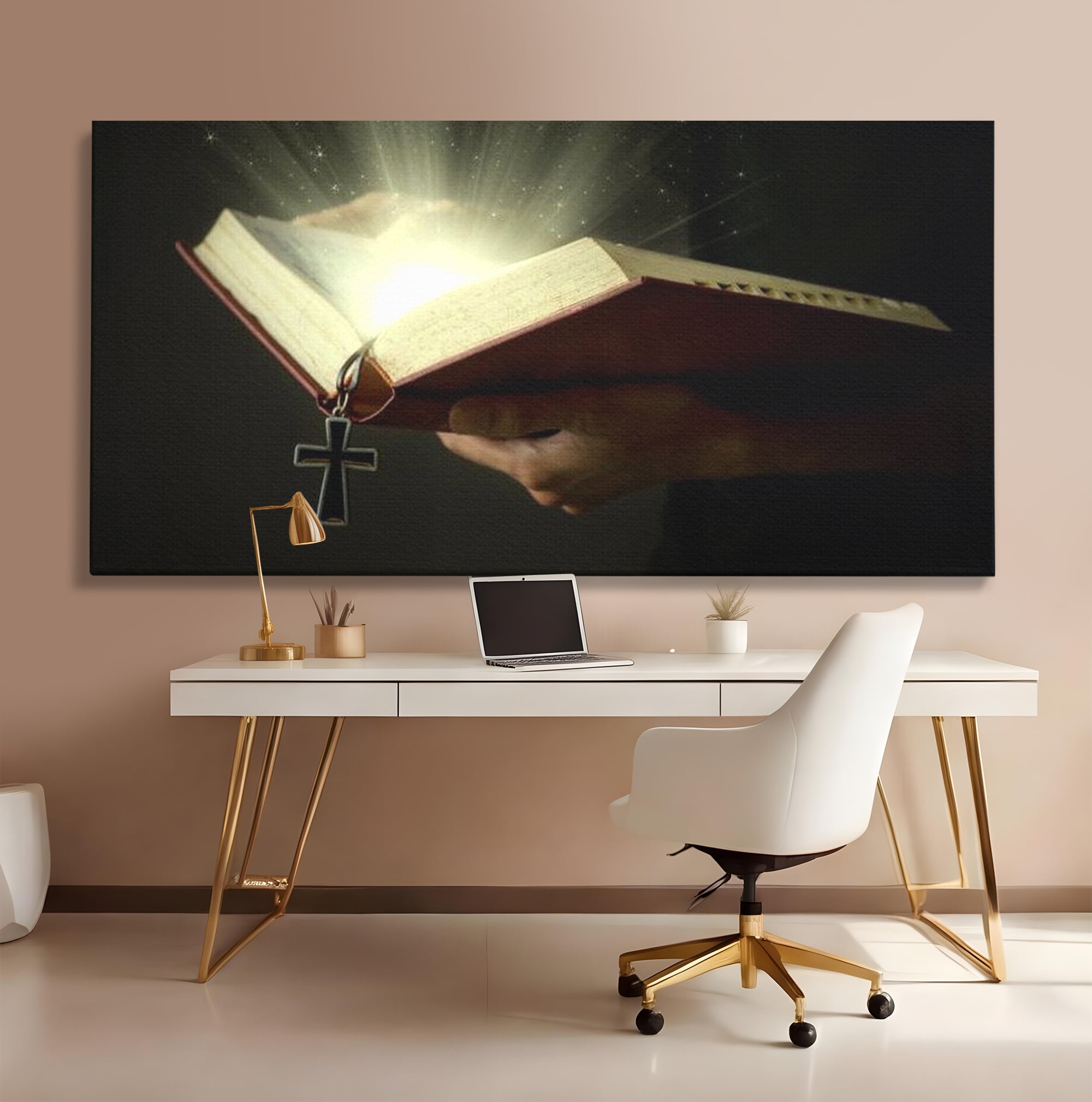 Tablou canvas cu tablou canvas cu biblie deschisa si cruce, fara rama, pe sasiu de lemn, pe perete intr-un birou