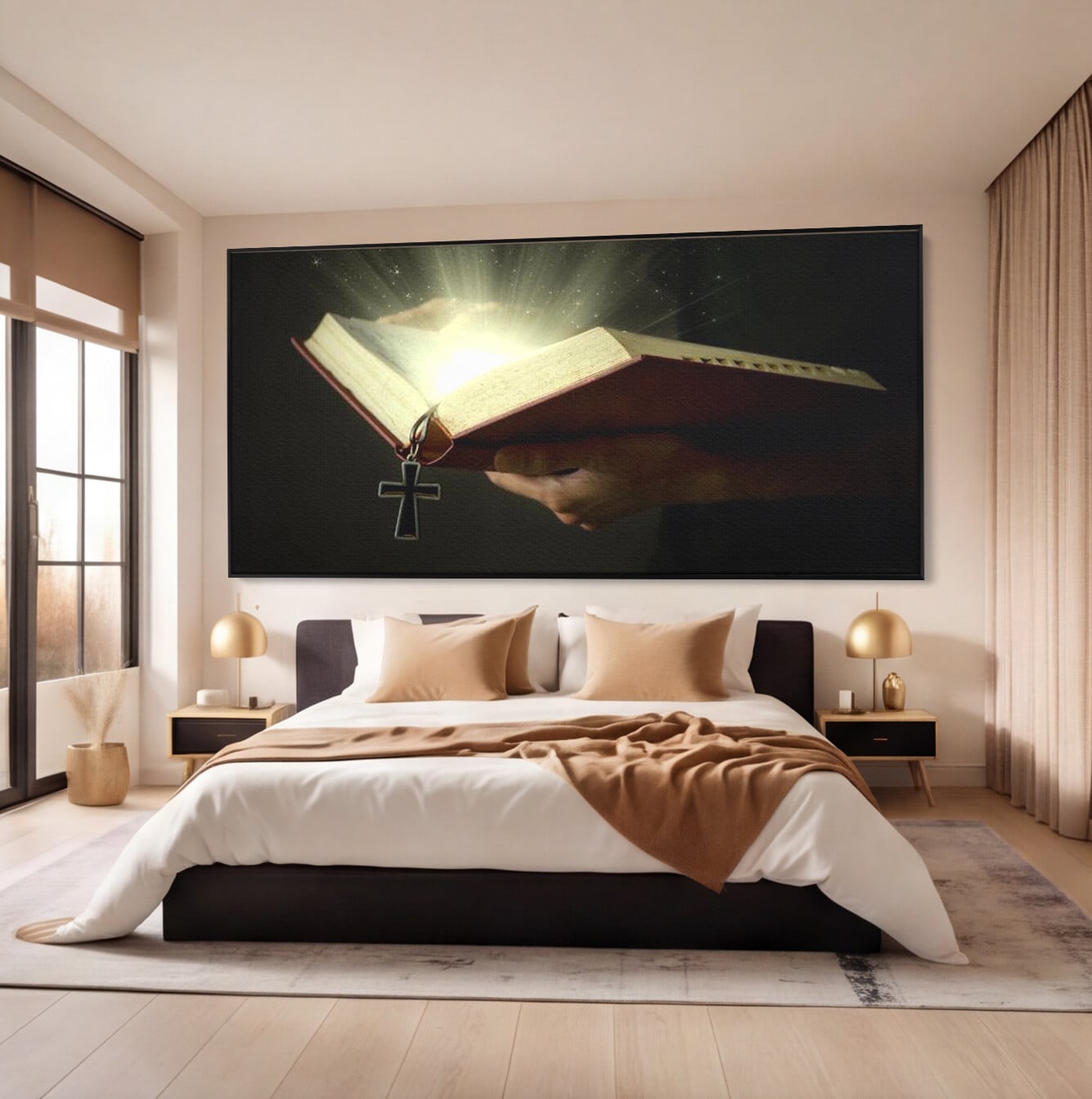 Tablou canvas cu tablou canvas cu biblie deschisa si cruce, in rama de aluminiu negru, pe perete intr-un dormitor