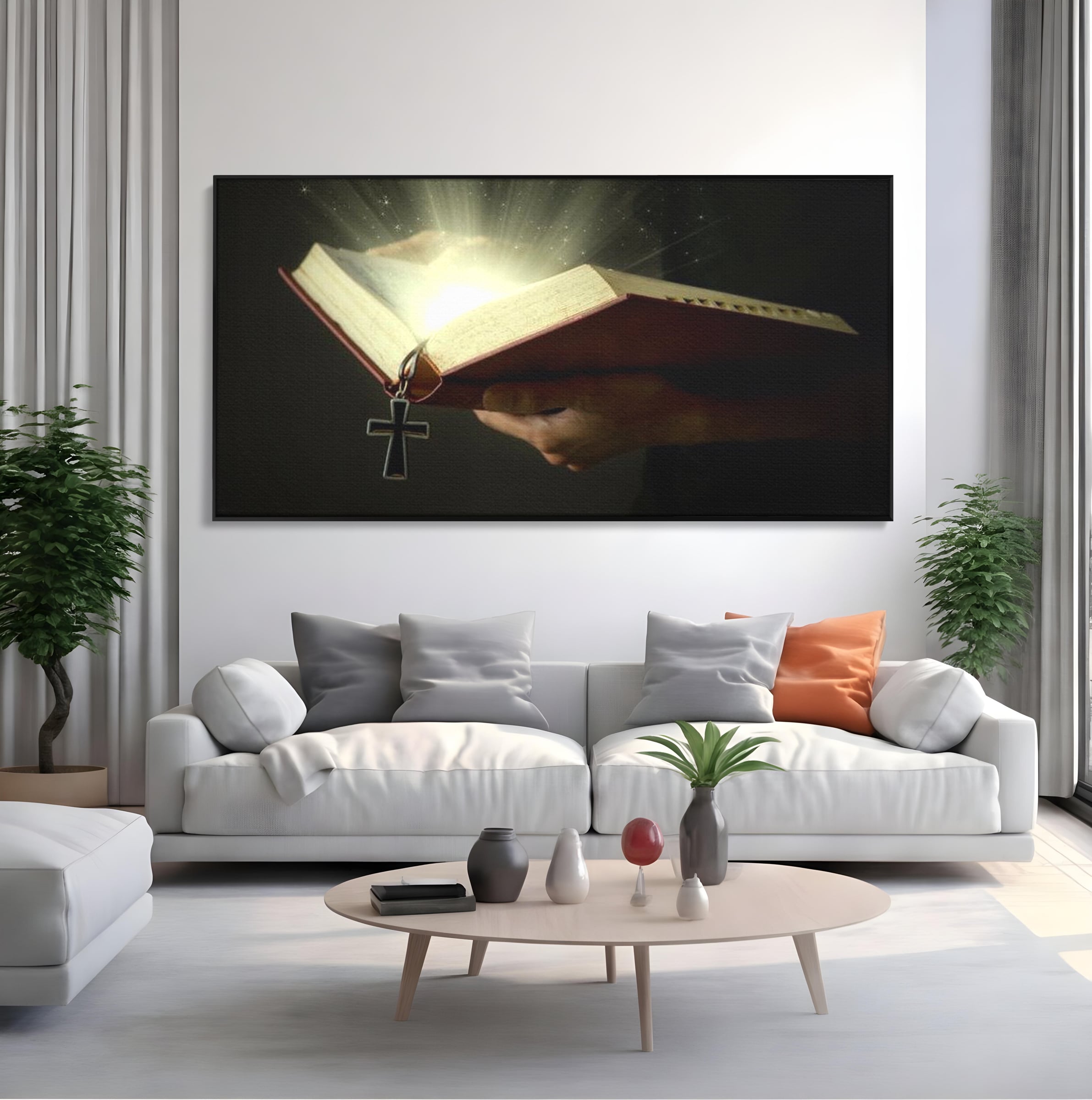 Tablou canvas cu tablou canvas cu biblie deschisa si cruce, in rama de aluminiu negru, pe perete intr-un living