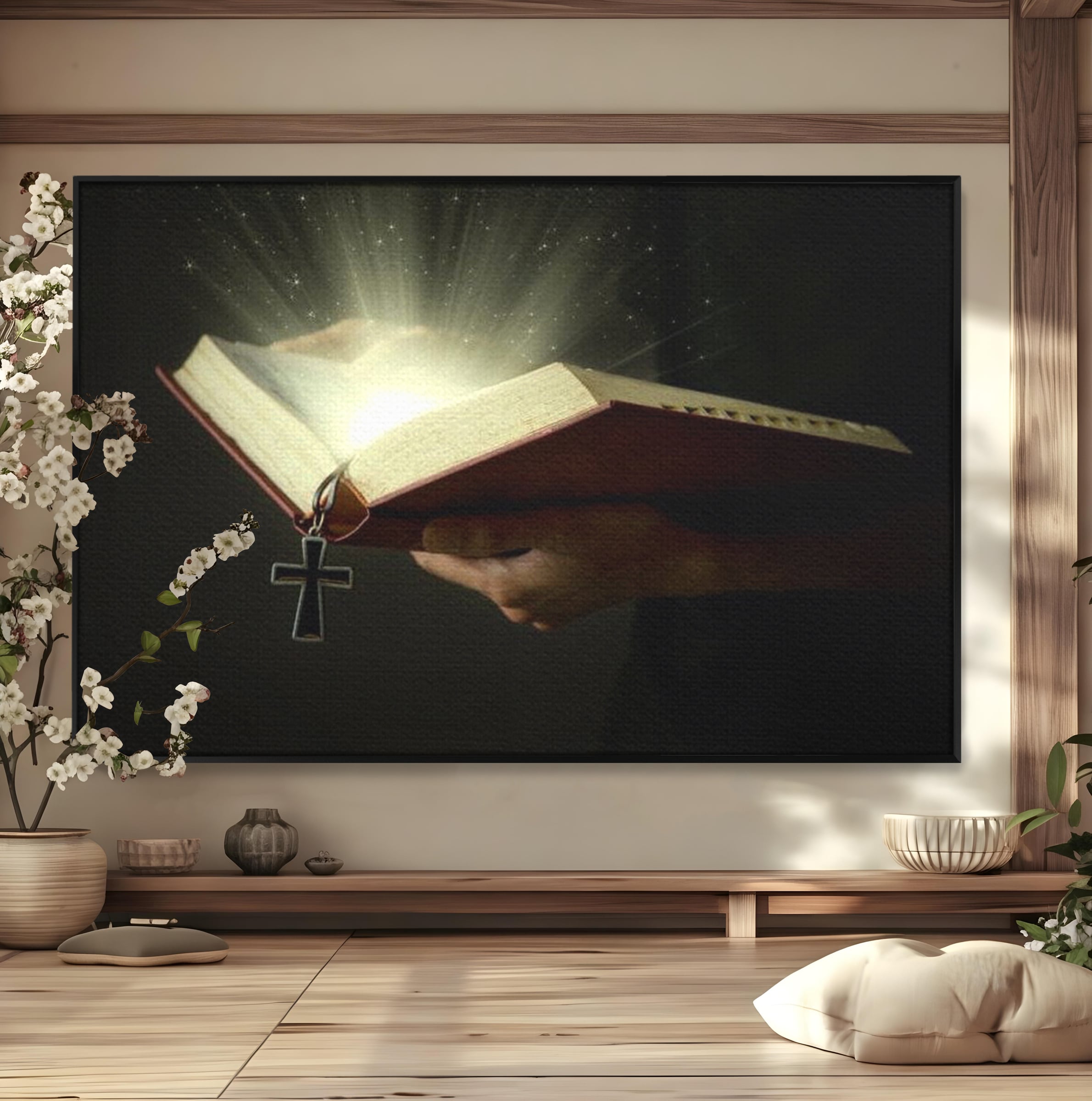 Tablou canvas cu tablou canvas cu biblie deschisa si cruce, in rama de aluminiu negru