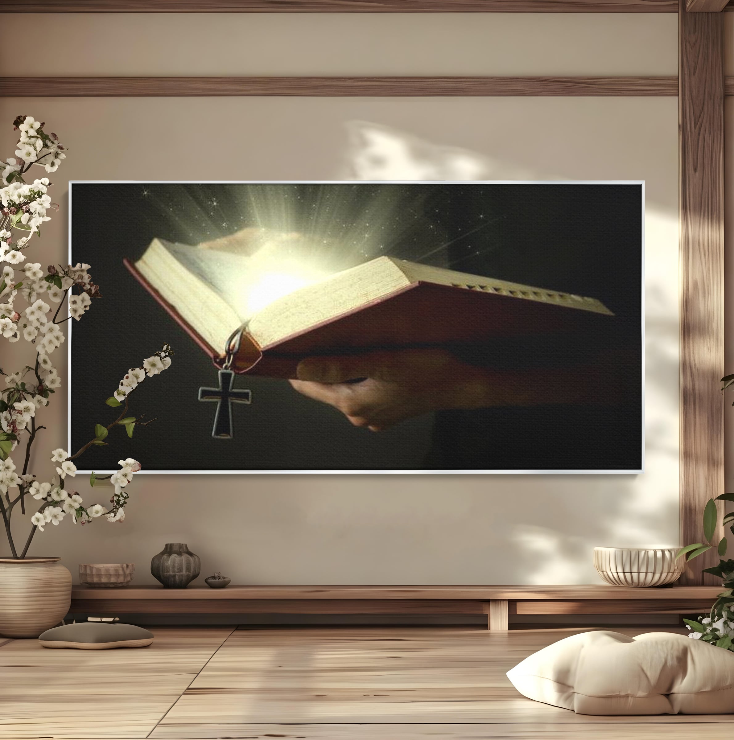 Tablou canvas cu tablou canvas cu biblie deschisa si cruce, in rama de aluminiu argintiu