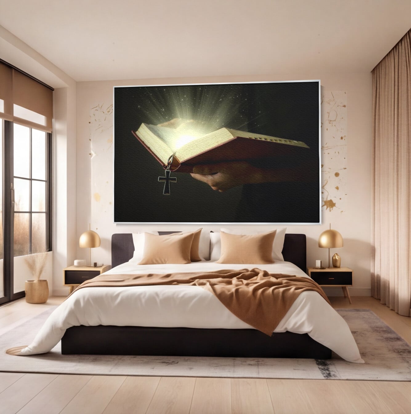 Tablou canvas cu tablou canvas cu biblie deschisa si cruce, in rama de aluminiu argintiu, pe perete intr-un dormitor
