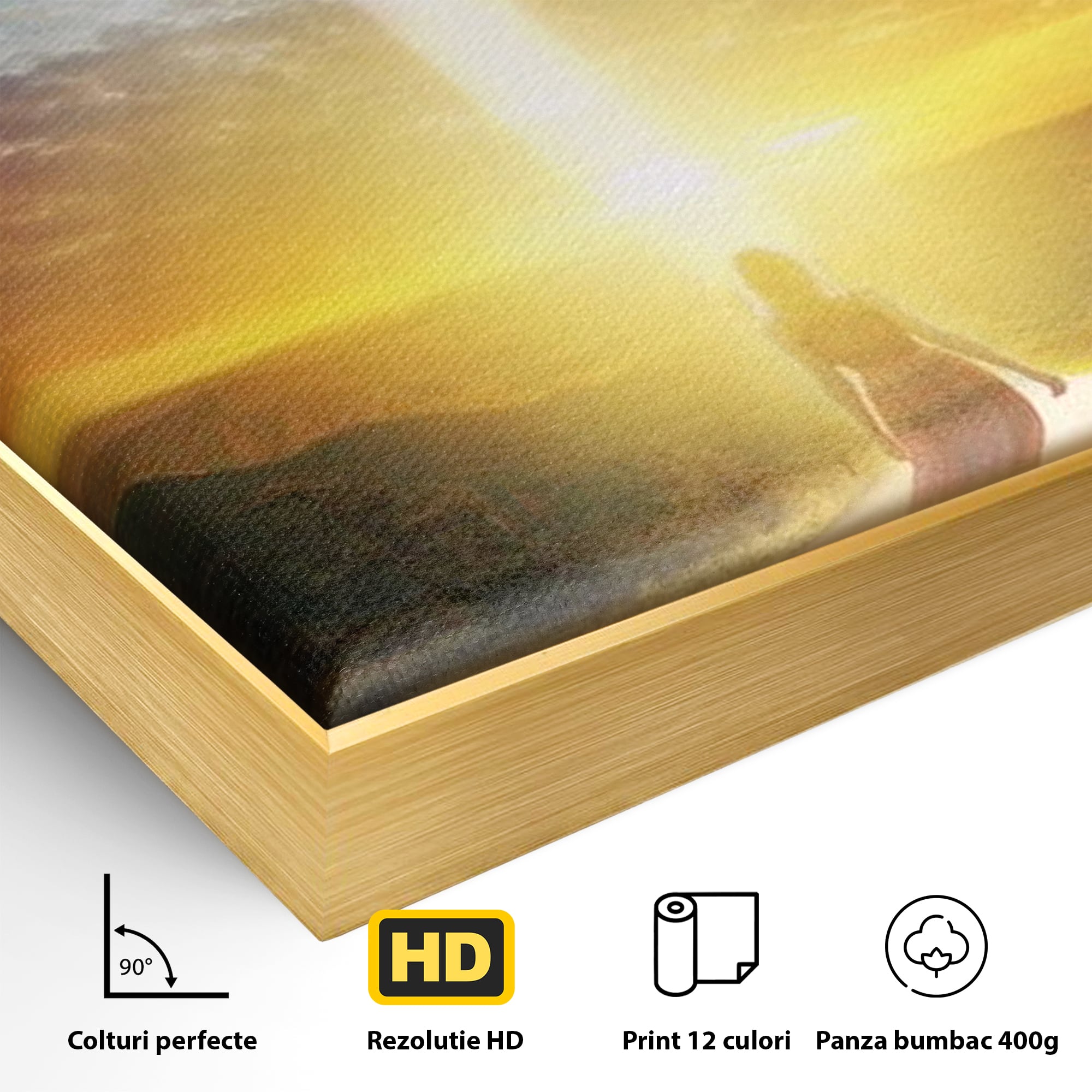 Detaliu al suprafetei: tablou canvas cu o femeie pe drum spre o cruce luminoasa, in rama de aluminiu auriu
