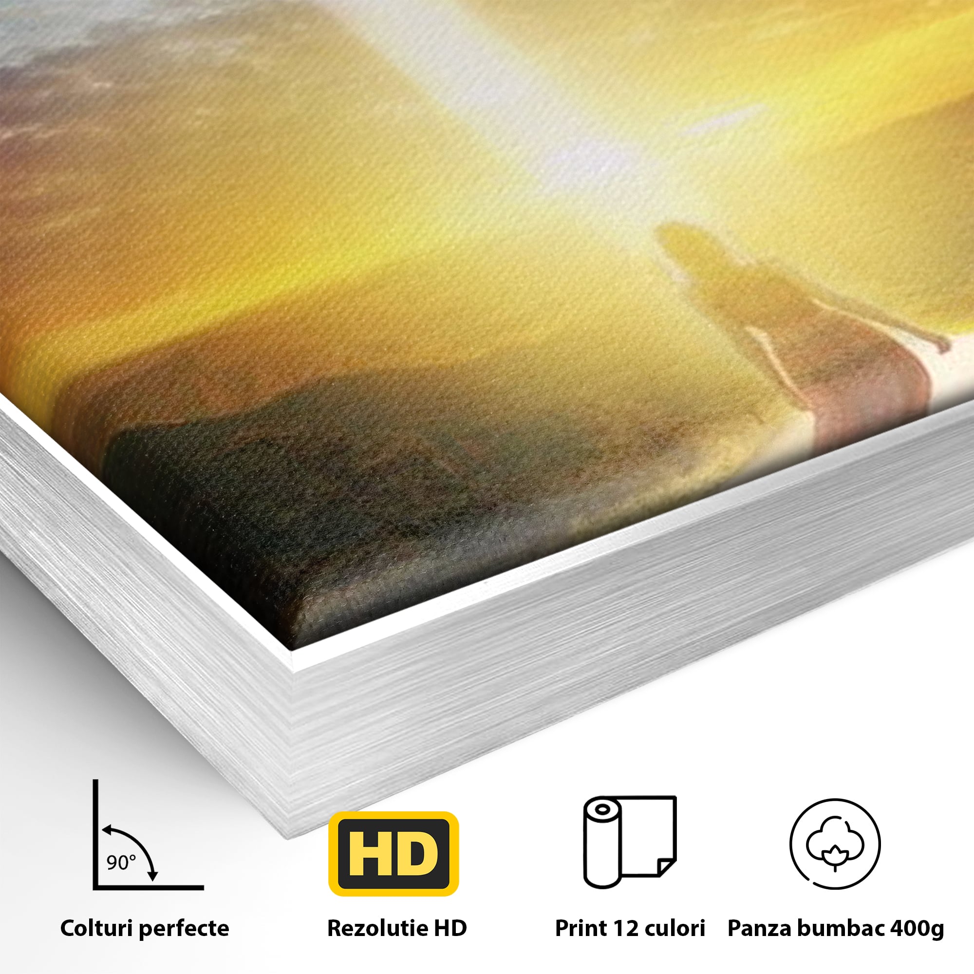 Detaliu al suprafetei: tablou canvas cu o femeie pe drum spre o cruce luminoasa, in rama de aluminiu argintiu