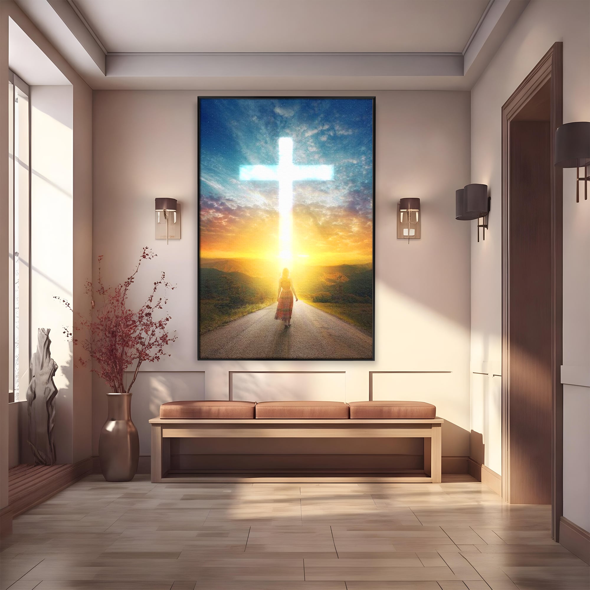 Tablou canvas cu tablou canvas cu o femeie pe drum spre o cruce luminoasa, in rama de aluminiu negru