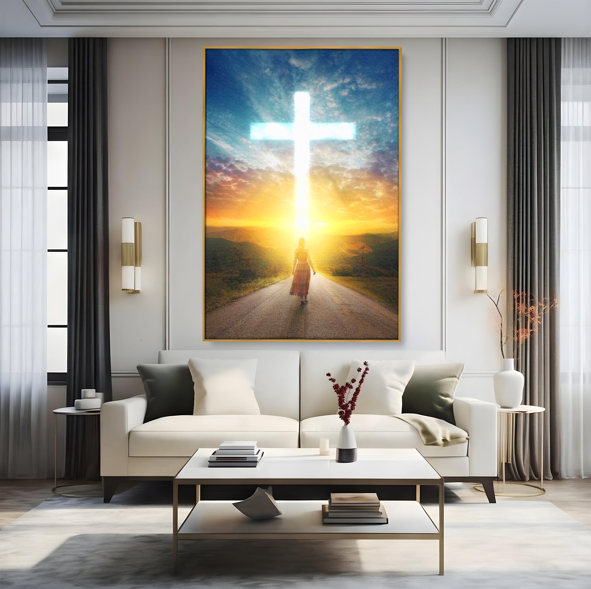 Tablou canvas cu tablou canvas cu o femeie pe drum spre o cruce luminoasa, in rama de aluminiu auriu, pe perete intr-un living