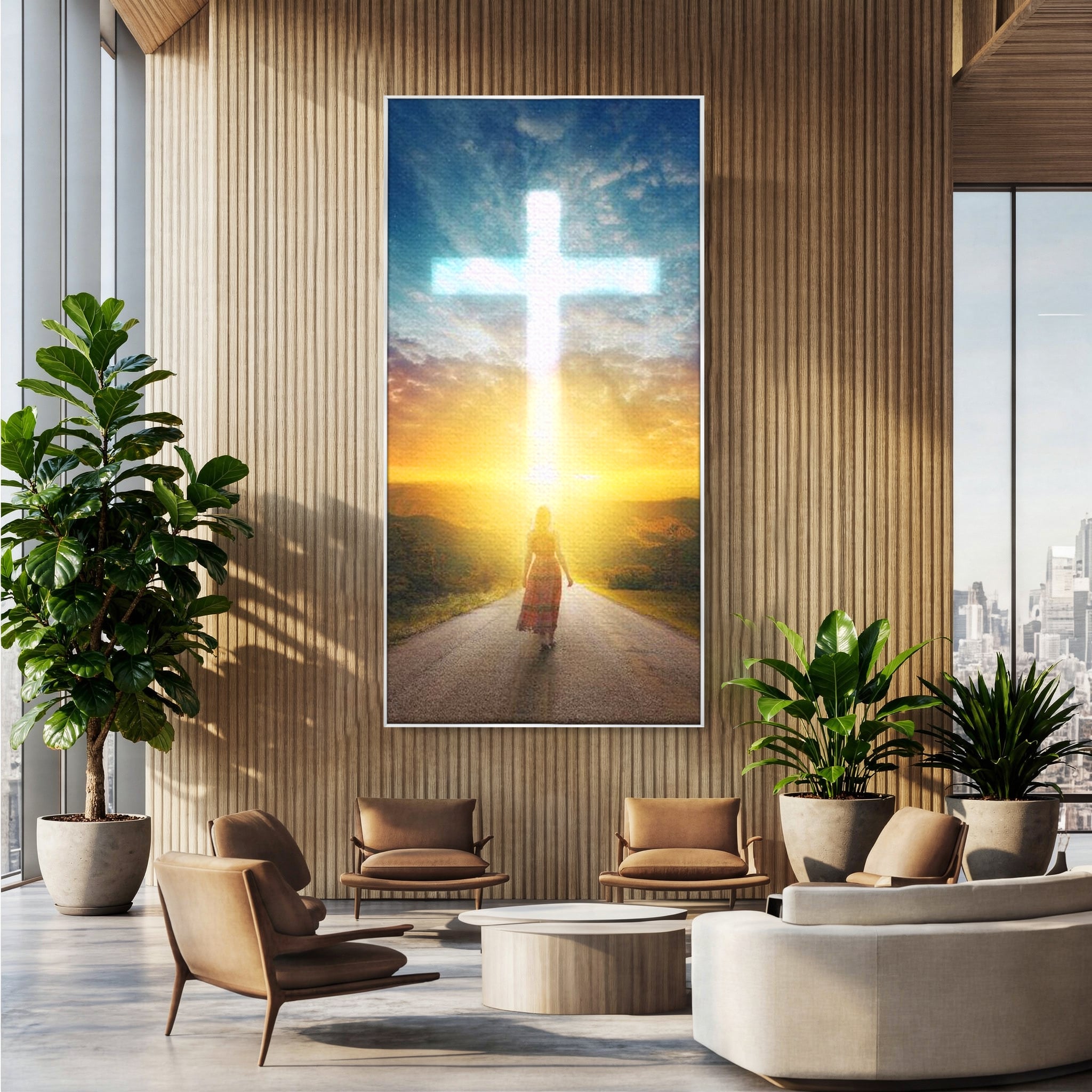 Tablou canvas cu tablou canvas cu o femeie pe drum spre o cruce luminoasa, in rama de aluminiu argintiu, pe perete intr-un birou