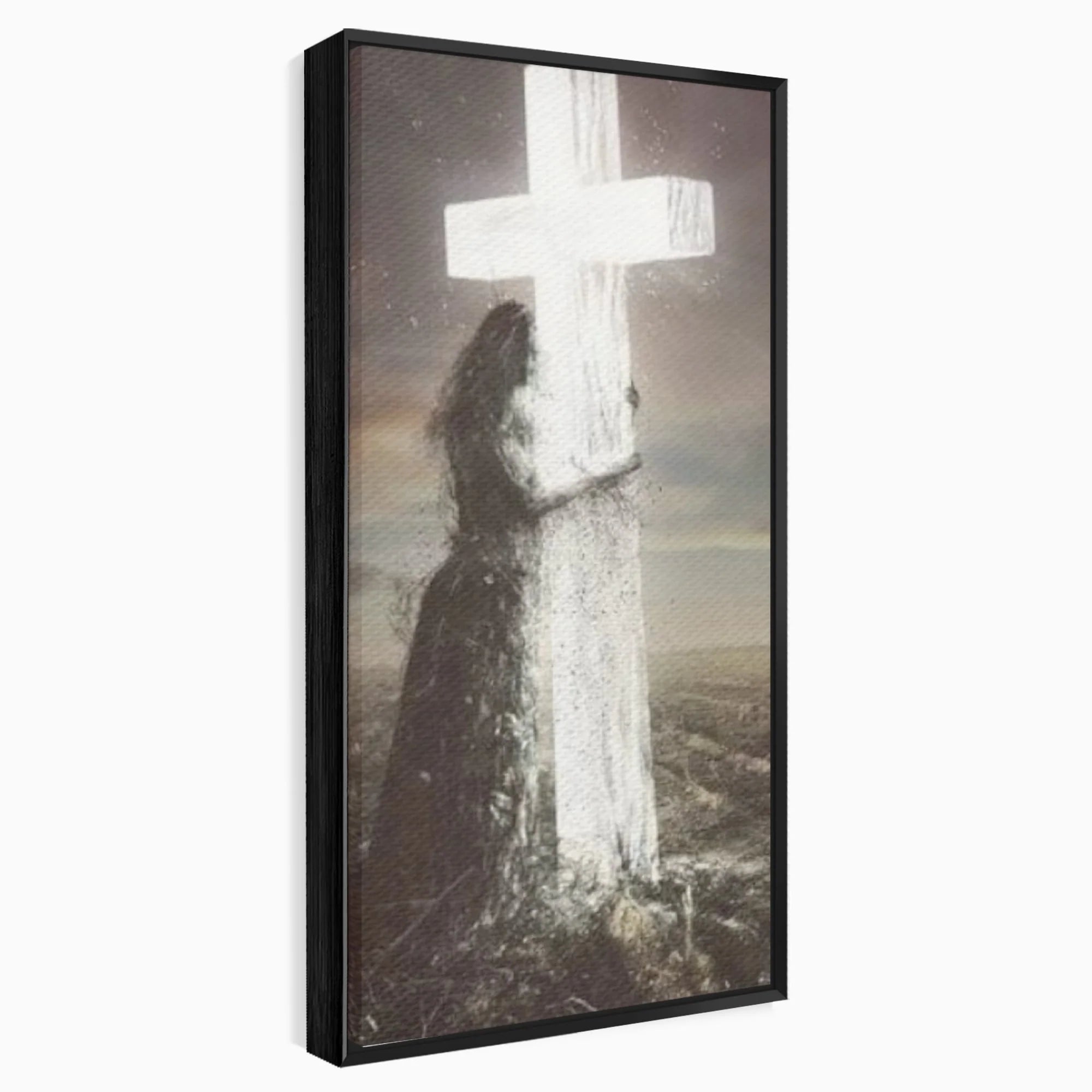 Tablou canvas cu ilustratie digitala femeie imbratisand crucea, in rama de aluminiu negru