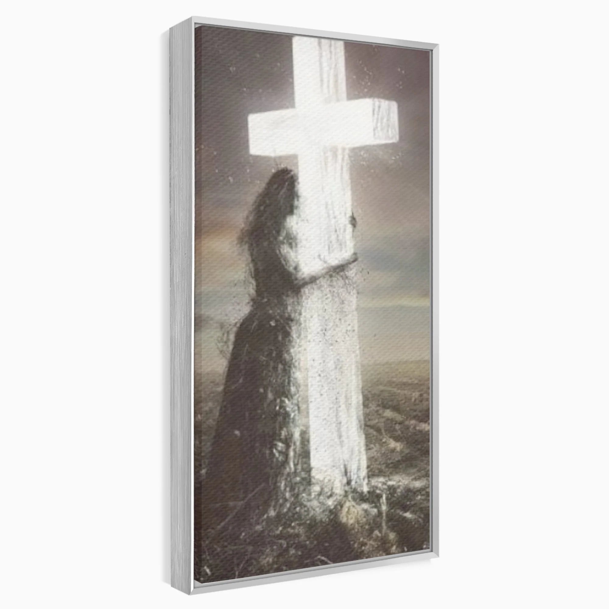Tablou canvas cu ilustratie digitala femeie imbratisand crucea, in rama de aluminiu argintiu