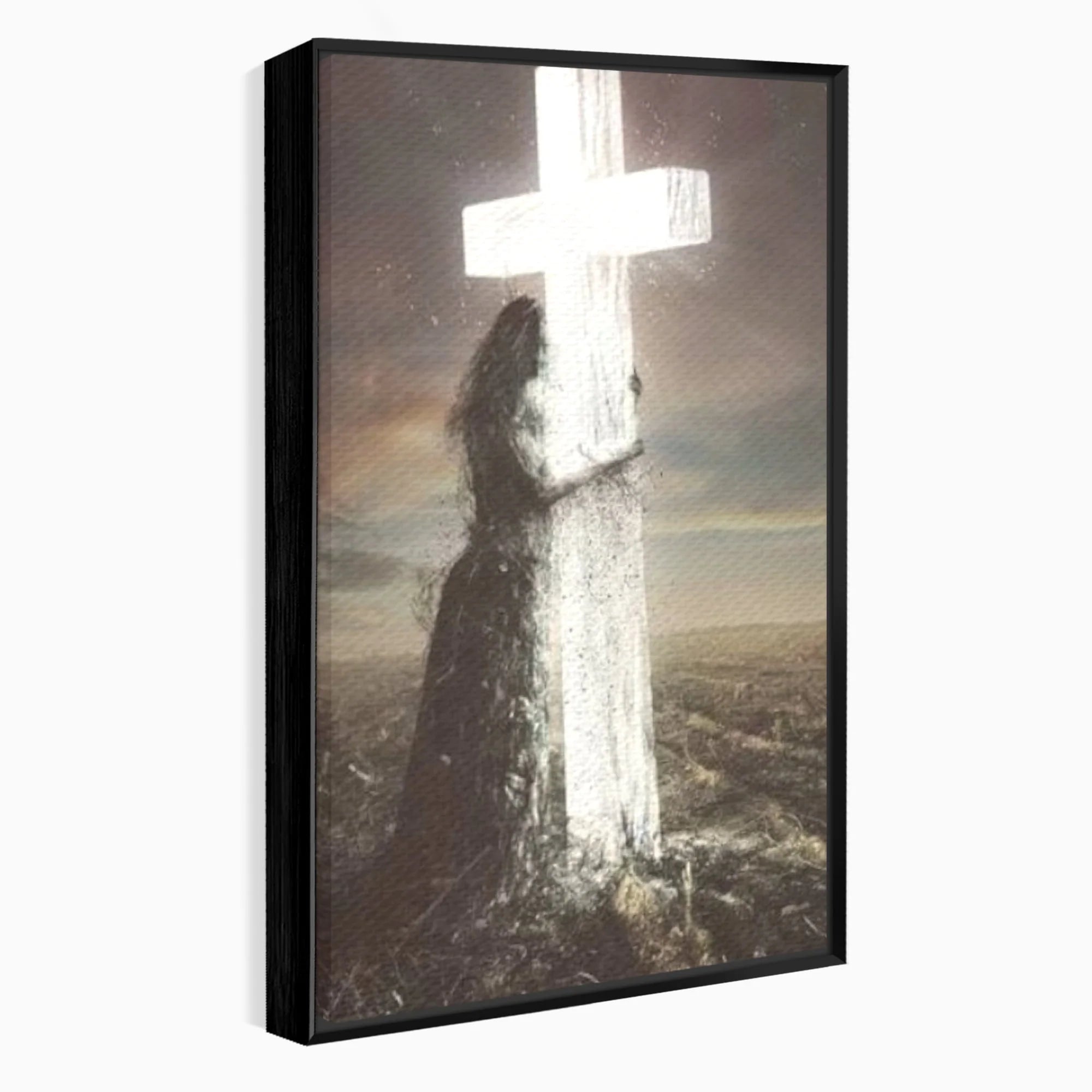 Tablou canvas cu ilustratie digitala femeie imbratisand crucea, in rama de aluminiu negru