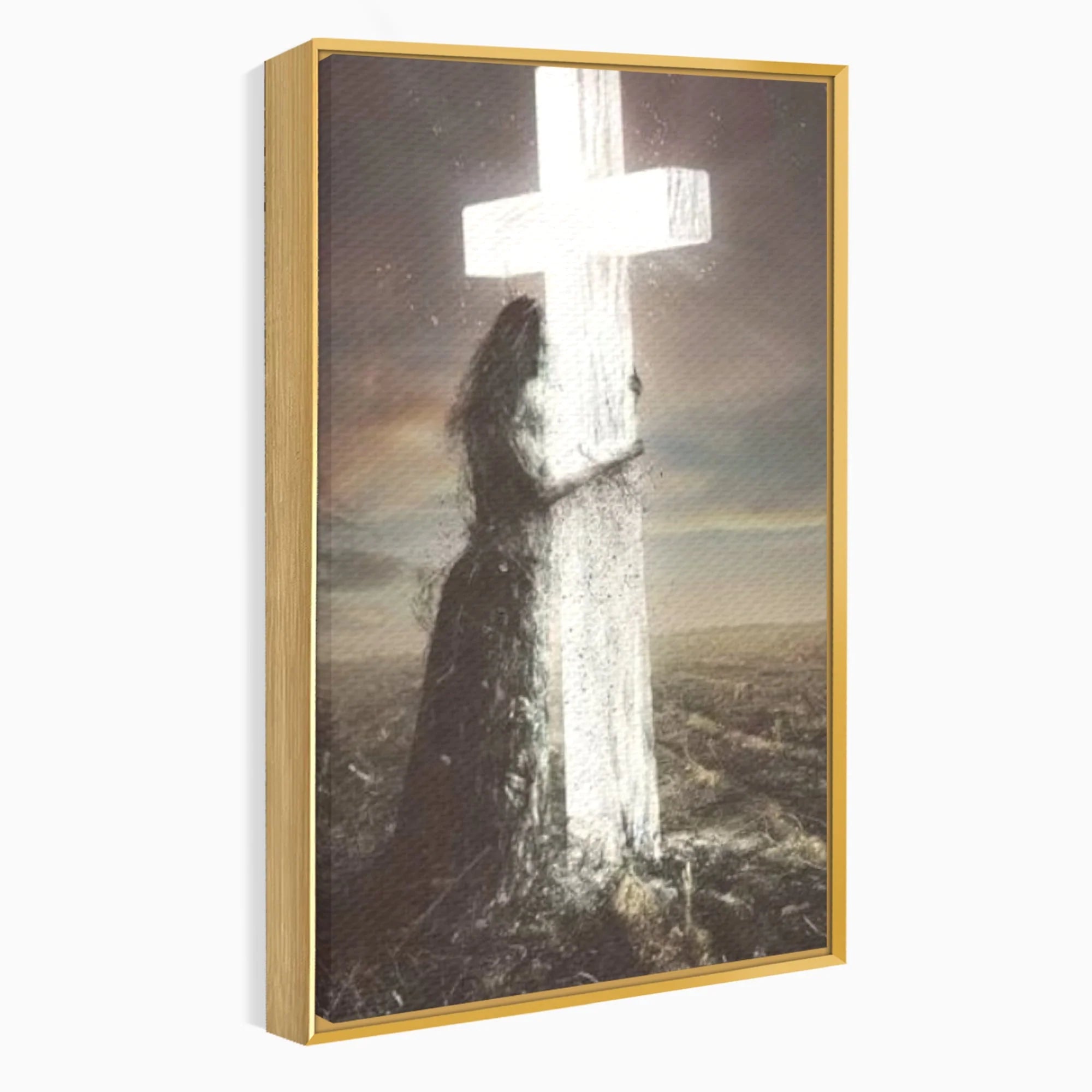 Tablou canvas cu ilustratie digitala femeie imbratisand crucea, in rama de aluminiu auriu