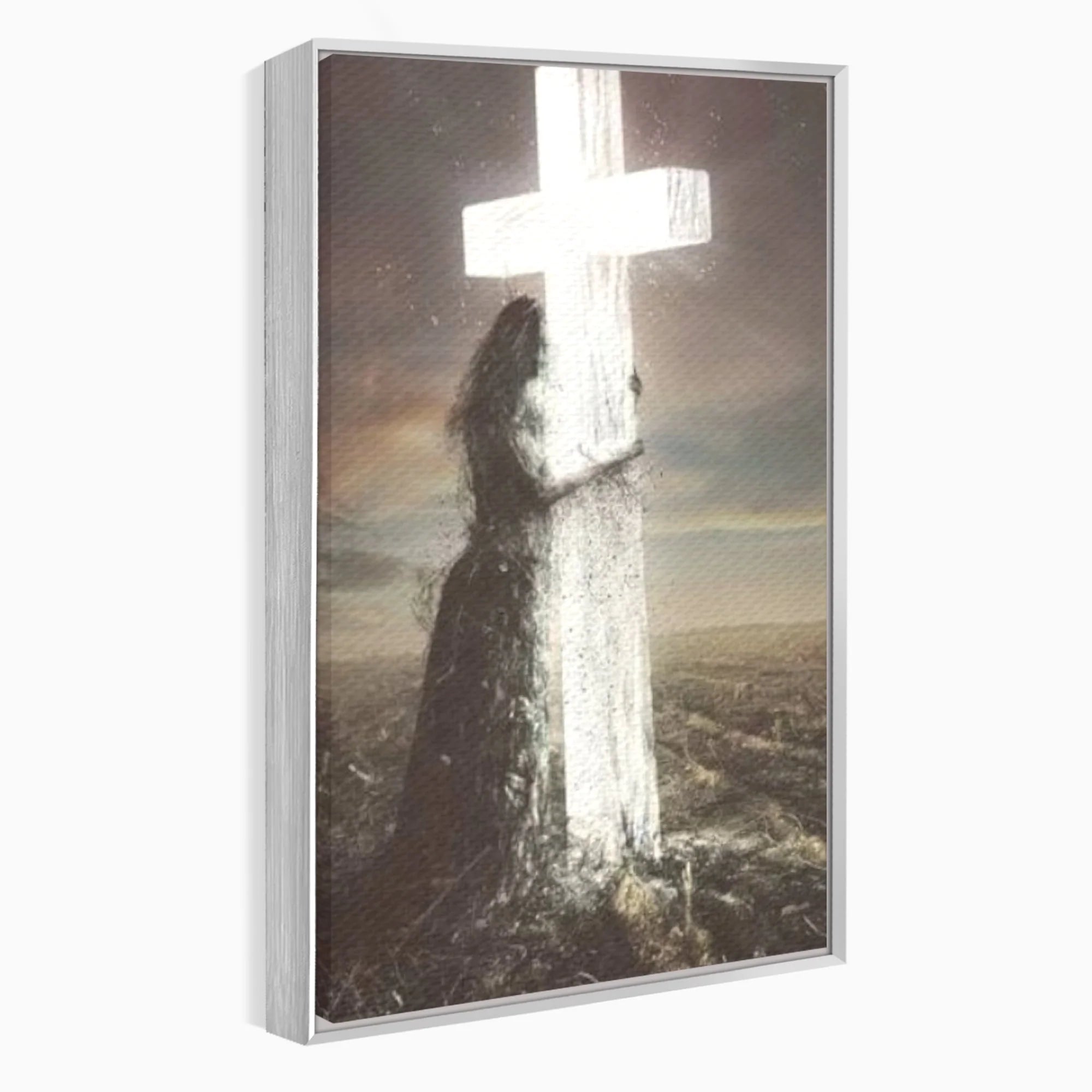 Tablou canvas cu ilustratie digitala femeie imbratisand crucea, in rama de aluminiu argintiu