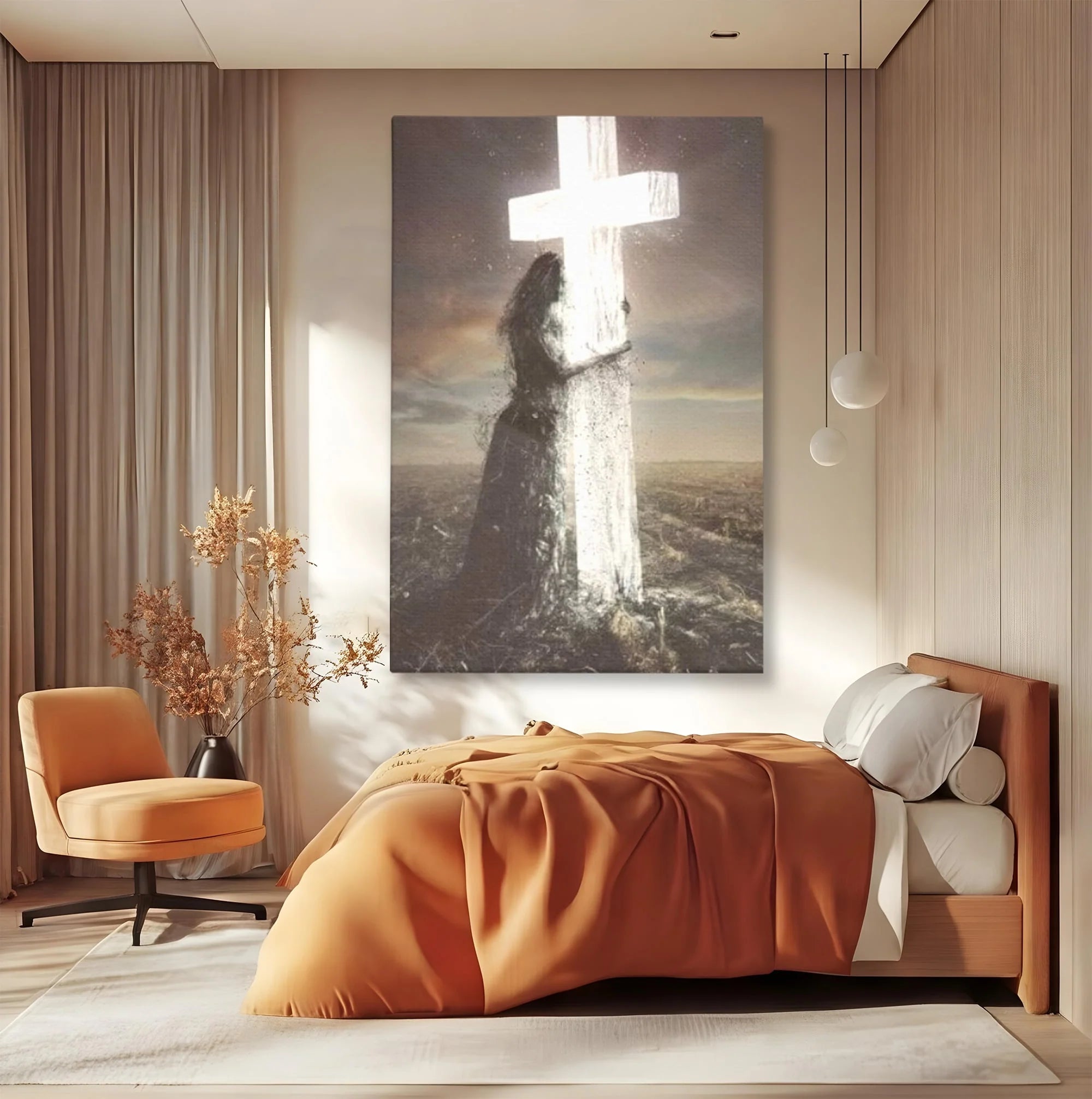 Tablou canvas cu ilustratie digitala femeie imbratisand crucea, fara rama, pe sasiu de lemn, pe perete intr-un dormitor