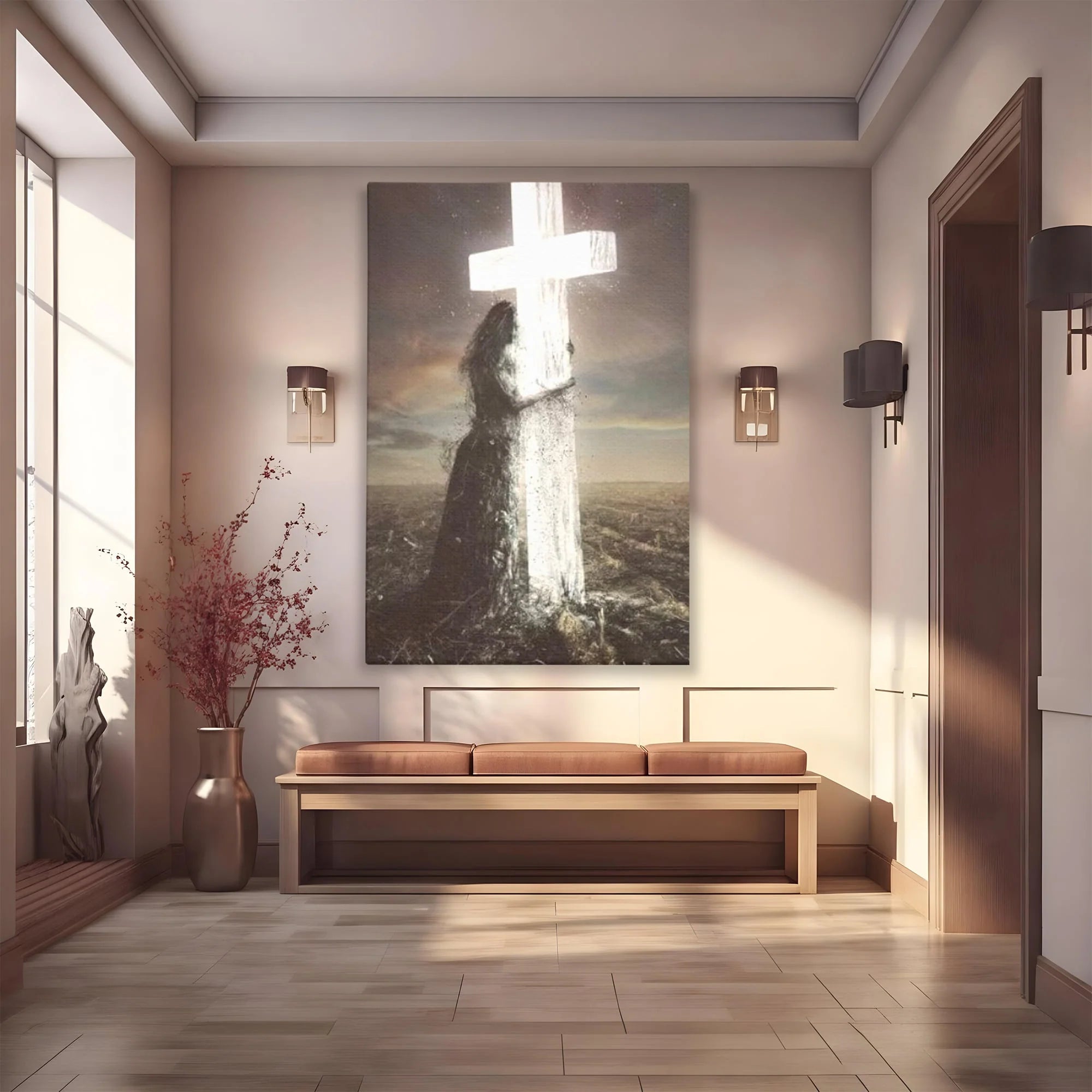 Tablou canvas cu ilustratie digitala femeie imbratisand crucea, fara rama, pe sasiu de lemn